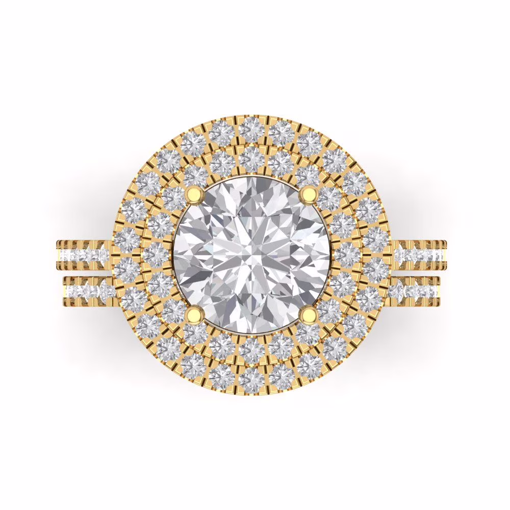 2.68 ct Brilliant Round Cut Synthetic Blue Moissanite 14K Yellow Gold Halo Solitaire with Accents Bridal Set size 6.5