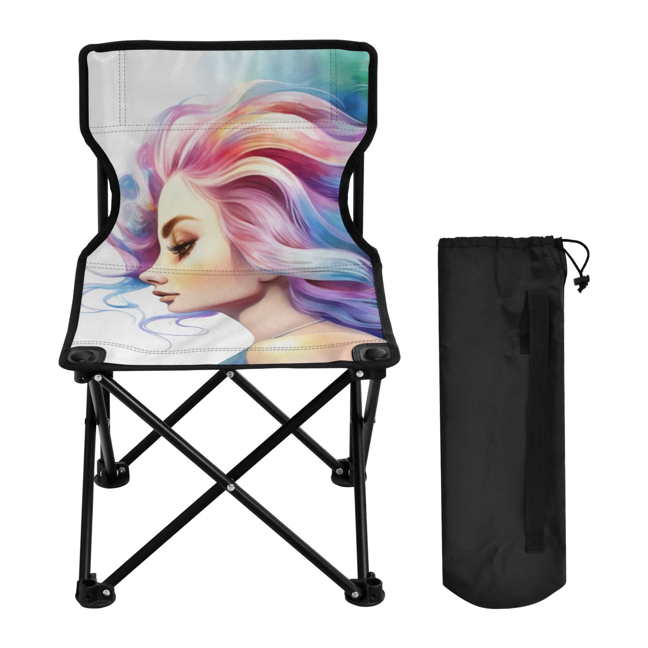 Girl Paint Portable Camping Chair Outdoor Folding Beach Chair Fishing Chair Lawn Chair with Carry Bag Support to 220LBS