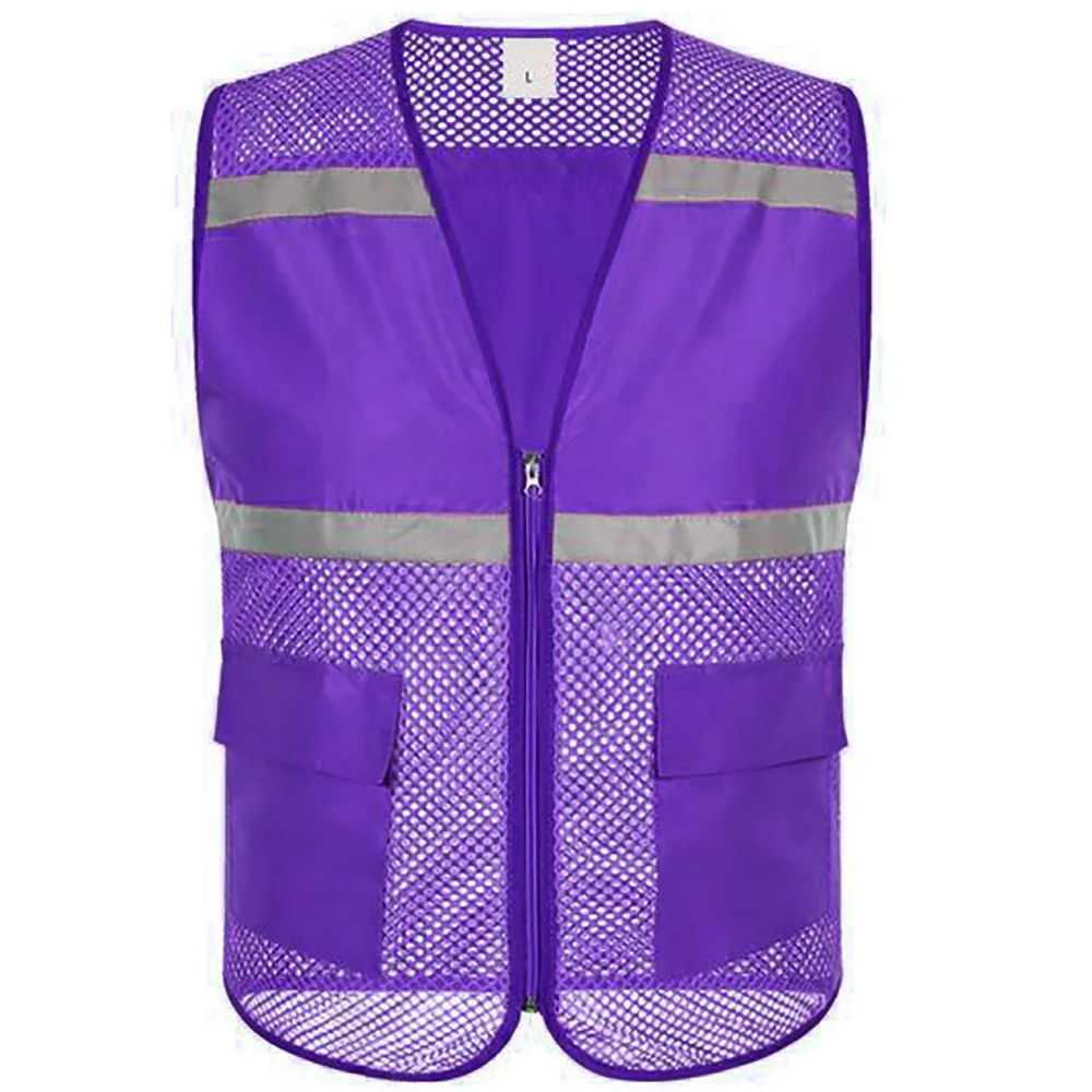 Toptie Mesh Safety Vest Zipper Team Volunteer Uniform Vest, Reflective Running Vest with Pockets, Slim Fit-Purple-XL