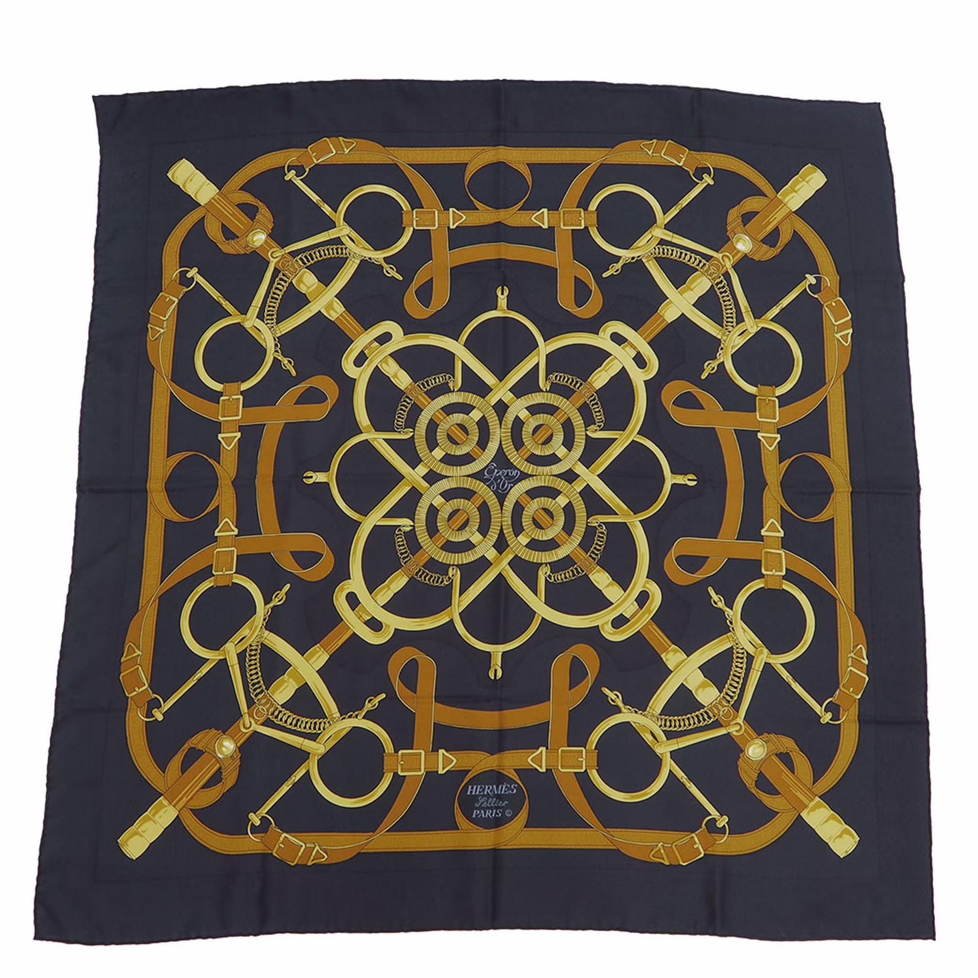 Pre-Owned HERMES Hermes Carre 90 Eperon d'or Golden Spur Pellier Black x Yellow H.d'ORiGNY Scarf Muffler (Good)