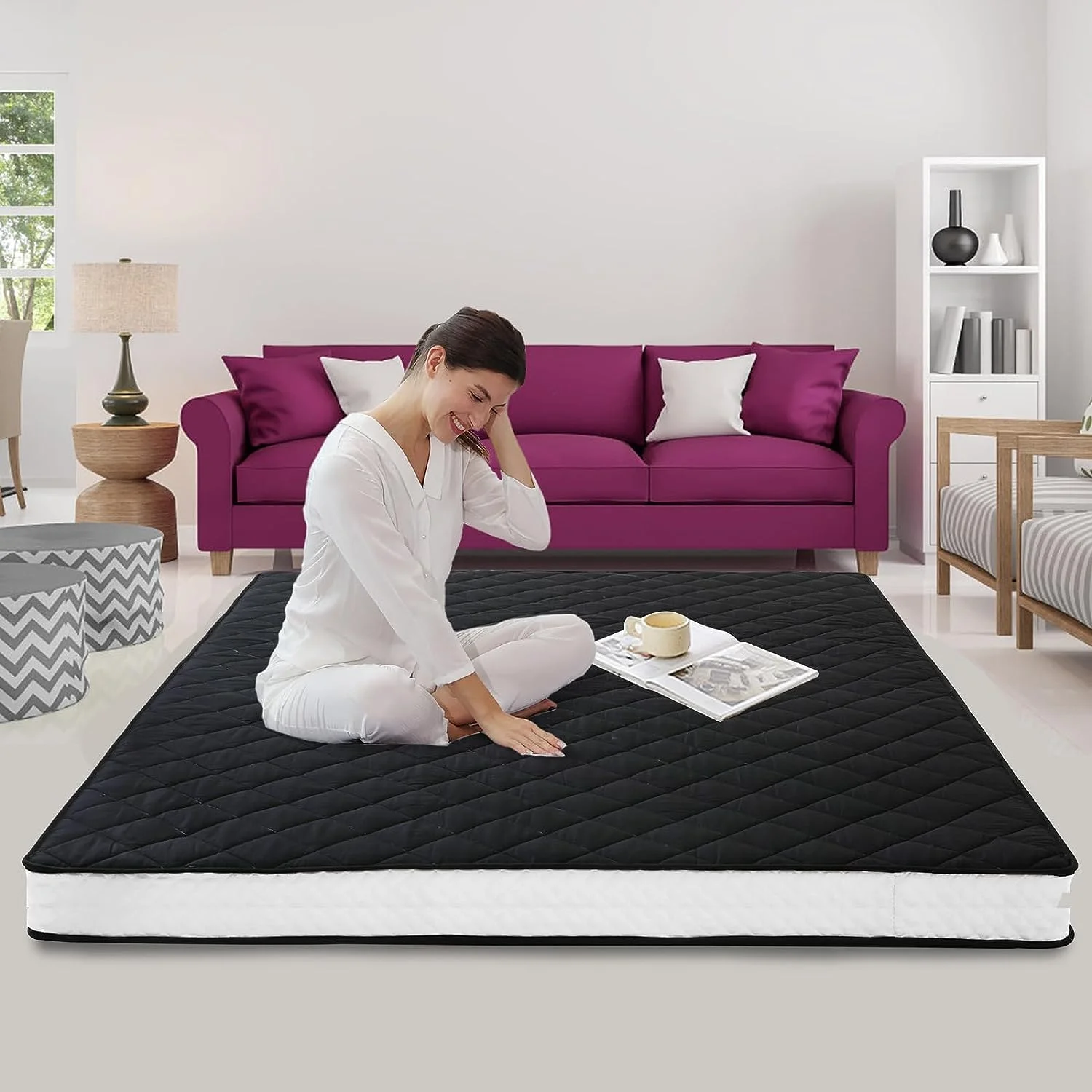 FICISOG Japanese Futon Mattress, Living Room Futon Quilted Bed Mattress Topper, Queen