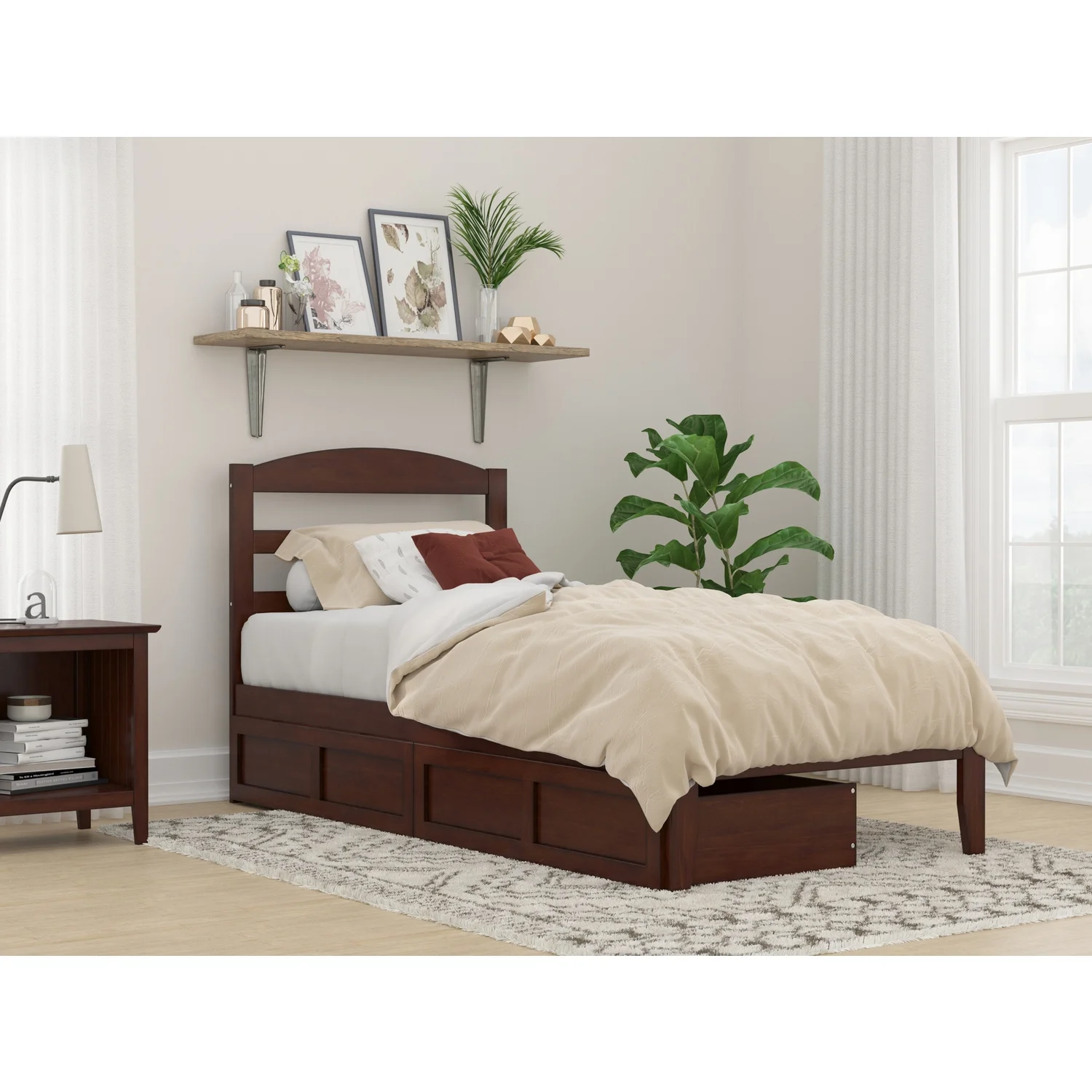 AFI Warren Solid Wood Twin Extra Long Bed w/ 2 Drawers in Walnut