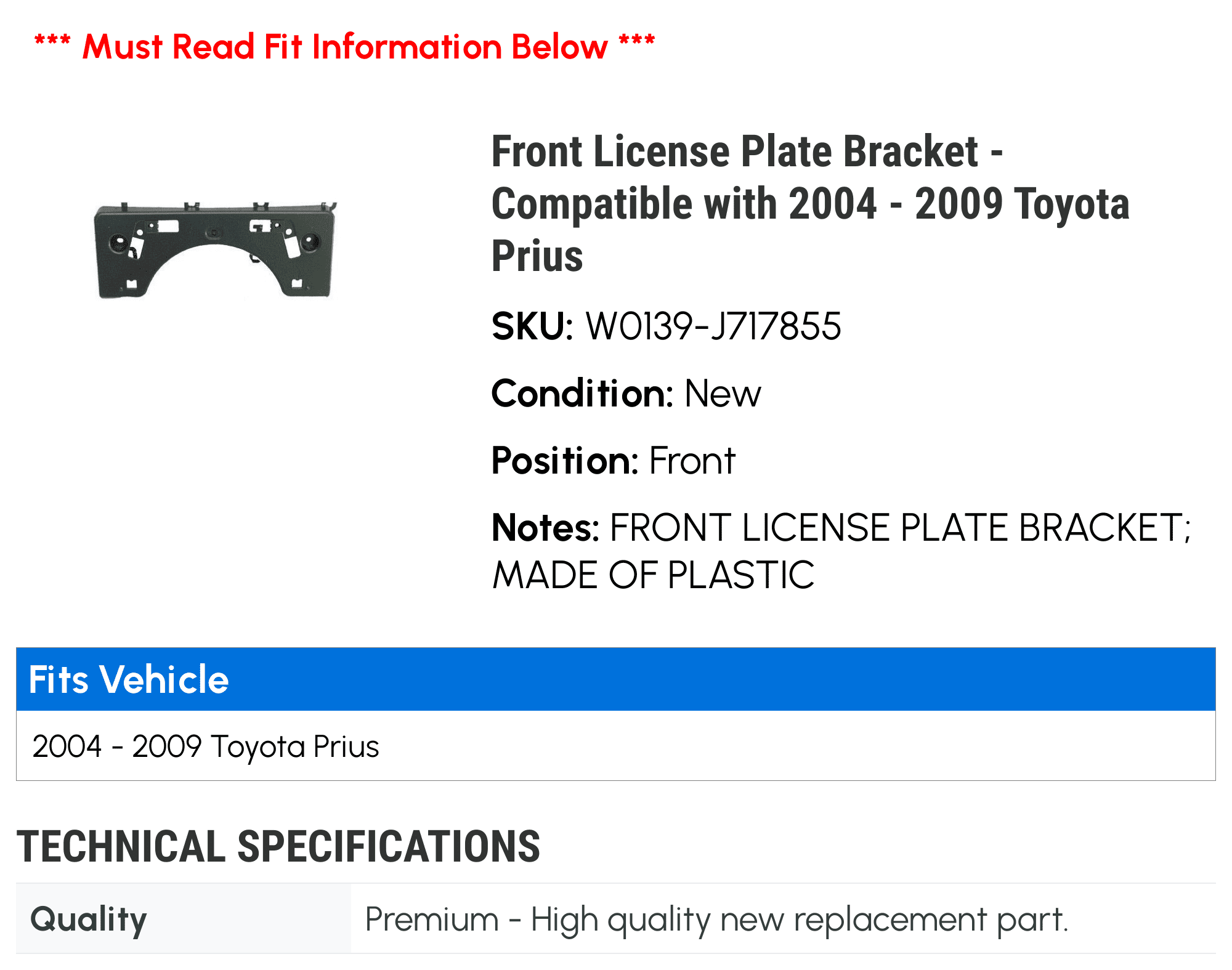 Front License Plate Bracket - Compatible with 2004 - 2009 Toyota Prius 2005 2006 2007 2008