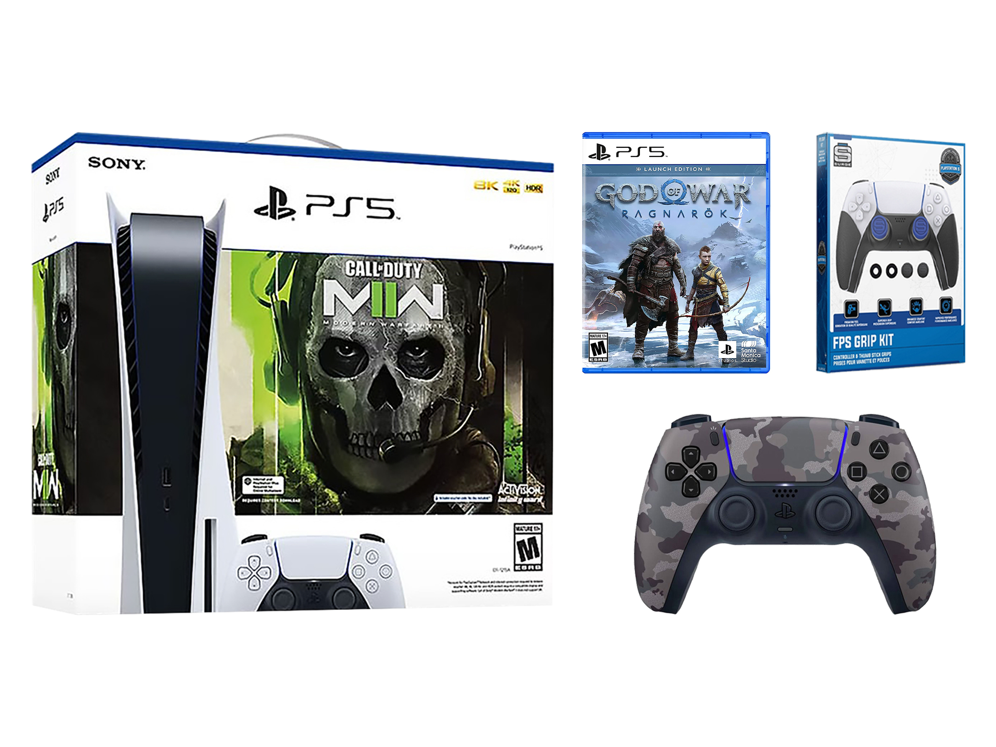 Sony Playstation 5 Disc Edition Call of Duty: Modern Warfare II Bundle with God of War Ragnarök, FPS Grip Kit and Extra Gray Camo Controller