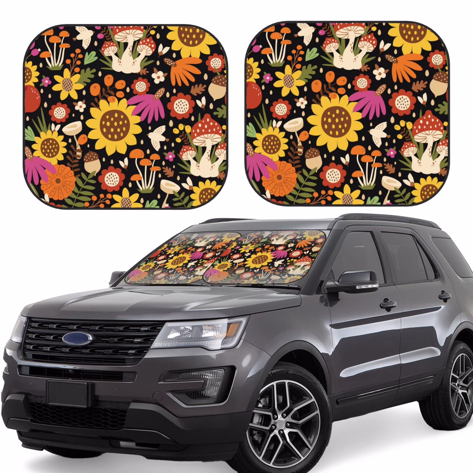 Lukts Sunflowers Mushrooms Print 2 Piece Car Sun Shade Windshield,Foldable Car Shade Front Windshield With Keeps Your Vehicle Cool, For Most Sedans Suv And Trucks - Small