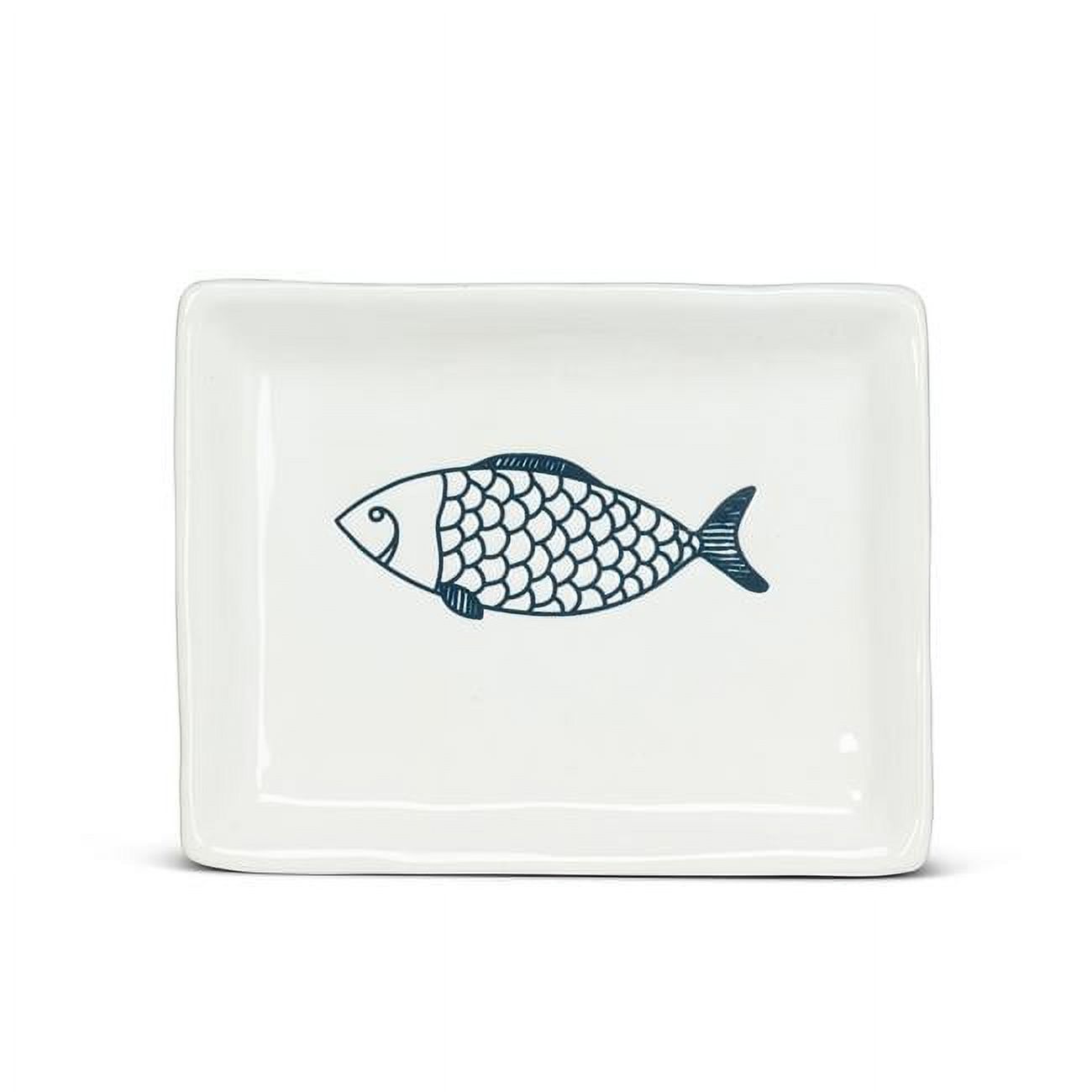 6 in. Stoneware Fish Plate, White & Blue - Small