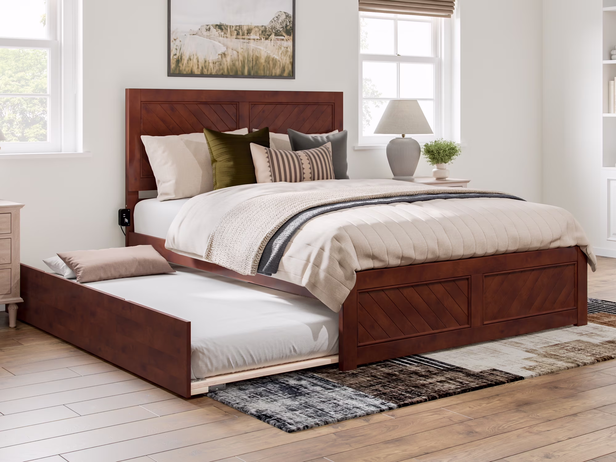 AFI Canyon Walnut Solid Wood Platform Bed with Matching Footboard & Twin XL Trundle, Queen