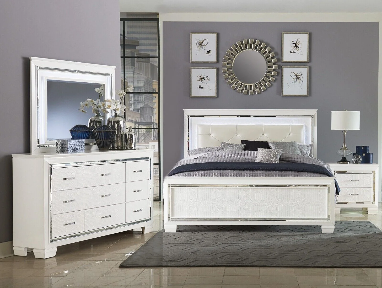 Glamorous Design White Bedroom Set 4pc Queen Button-Tufted LED Headboard Bed Nightstand Dresser LED Mirror Furniture