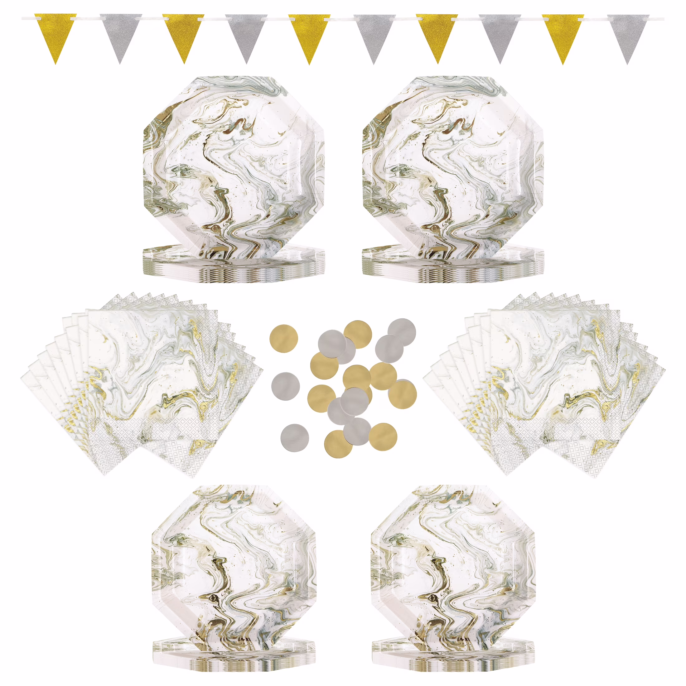 Way to Celebrate! Gold & Silver Marble Party Tableware and Decoration Kit for 16 Guests