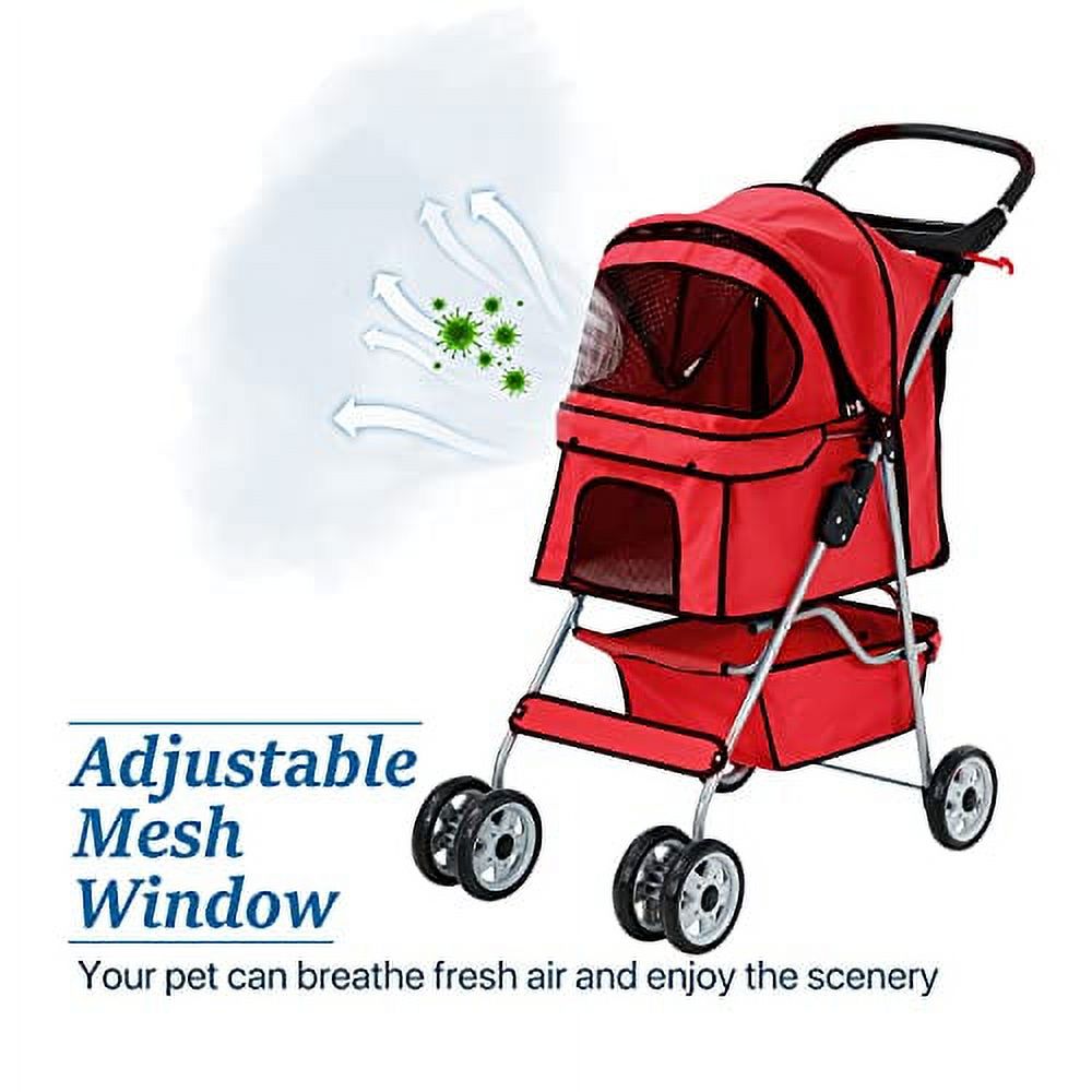 HHS 4 Wheels Pet Stroller Cat Dog Strollers Double Folding Carrier Cart Jogger Doggy Puppy Stroller with Zipper Mesh Door, Up to 33Lbs, Red, 17.5 inches (L) x 33 inches (W) x 38.6 inches (H)