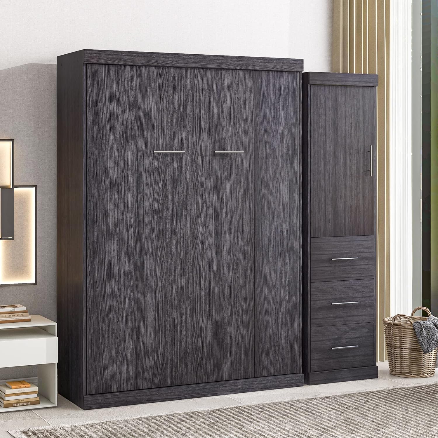 Full Size rphy Bed Wih Wardrobe Ad Drawers, Full Size Sorage Bed, Ca Be Folded Io A Cabie, Full Plaform Bed, Gray