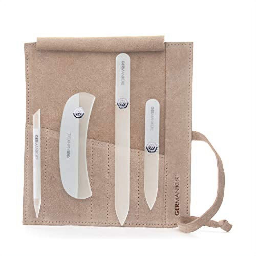 GERMANIKURE Crystal Glass Nail File Set in Beige Suede Case – Handmade in Czech Republic – Professional Manicure & Pedicure Supplies – Glass Cuticle Stick, Pusher, Callous Remover
