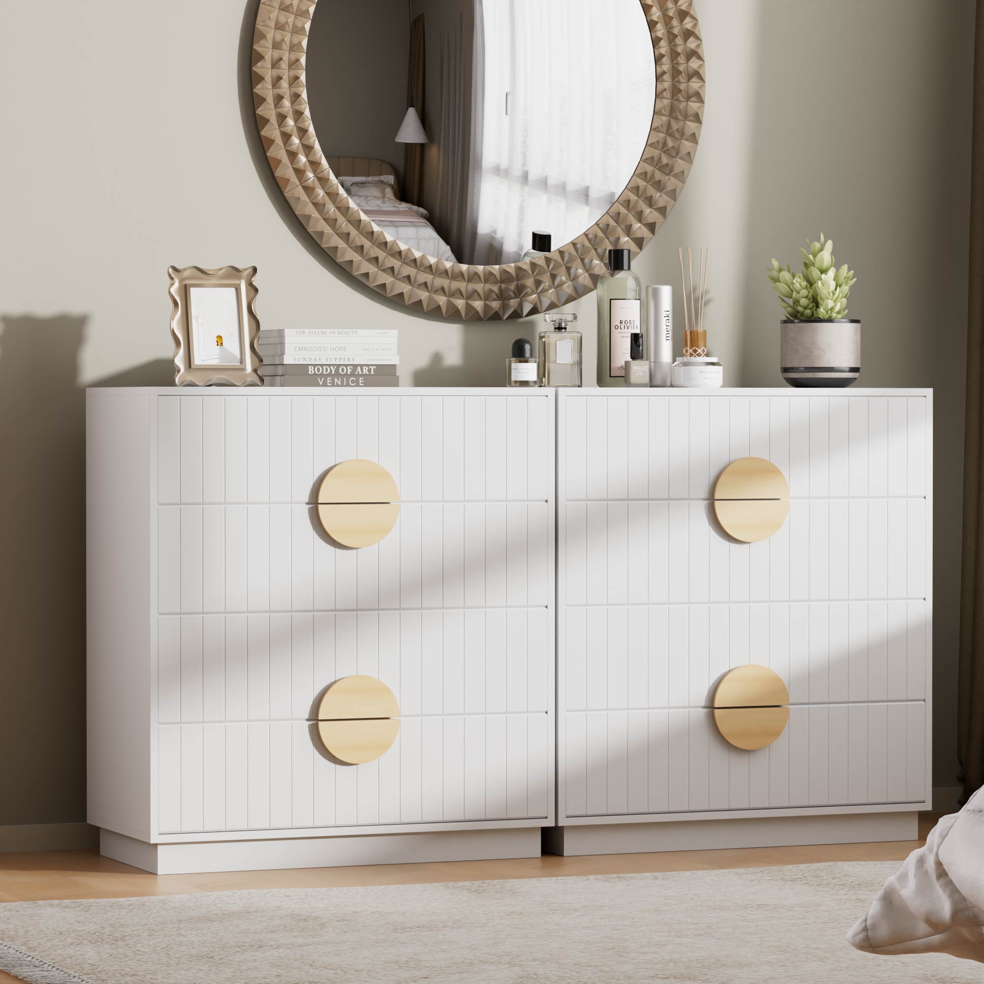 SunsGrove White 4 Drawer Chest Modern Dresser with Striped Textured Panel Finish, Wooden Clothes Organizer for Bedroom, Hallway, Children Room, and Living Room