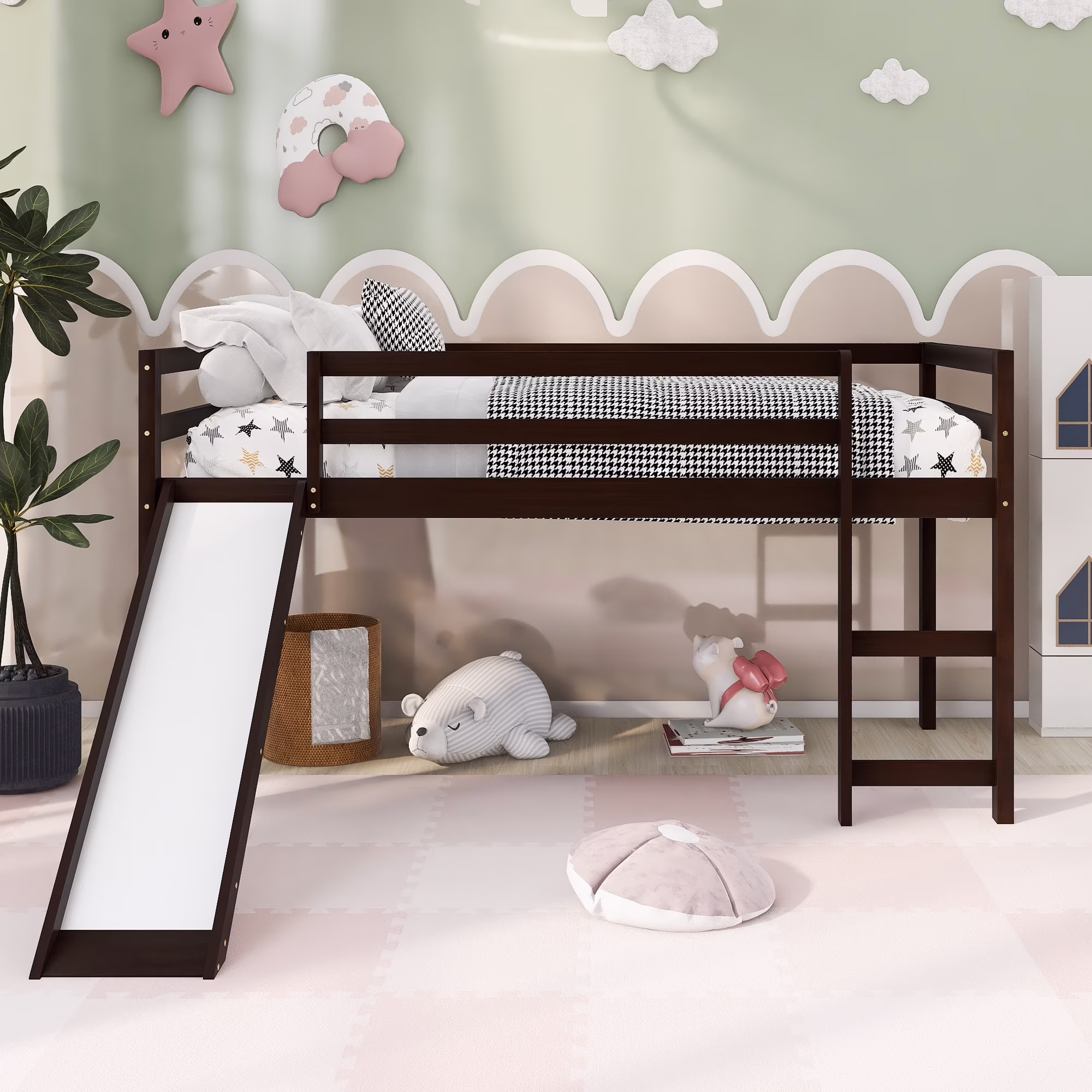 Gewnee Twin Size Loft Bed with Slide,Pine Wood Low Loft Bed with Ladder for Kid's Bedroom,Espresso