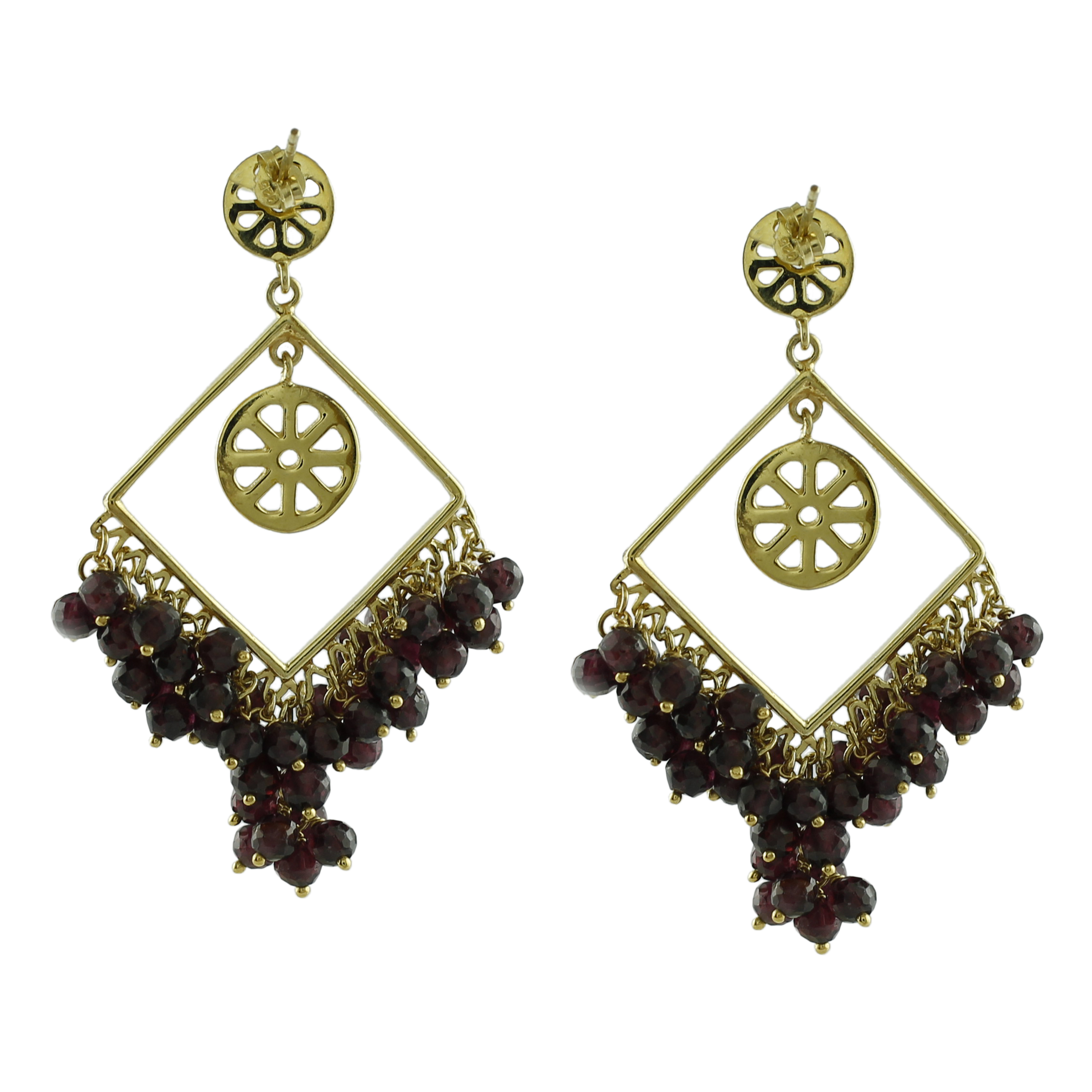 Red Garnet Ball Shape Gemstone Jewelry 18K Yellow Gold Drop Dangle Earrings For Women