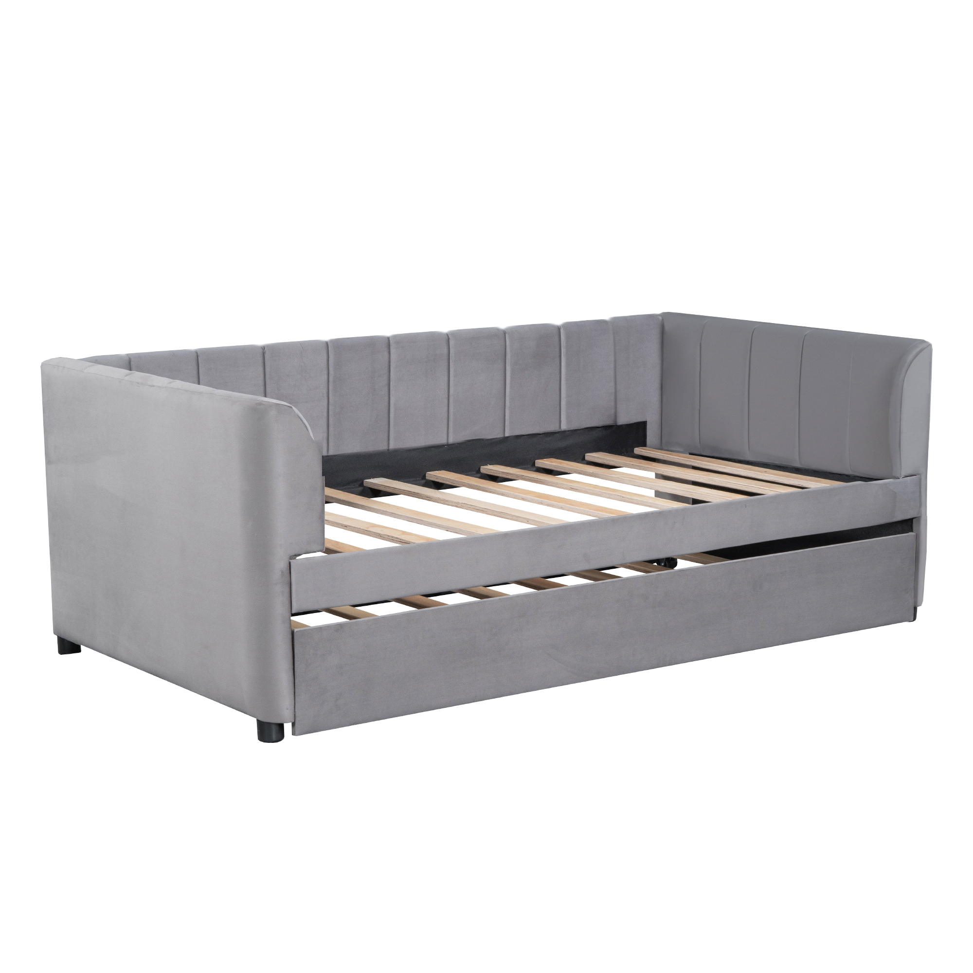 Twin Upholstered Daybed with Trundle & Ergonomic Backrest, Gray - Fits Twin Mattress