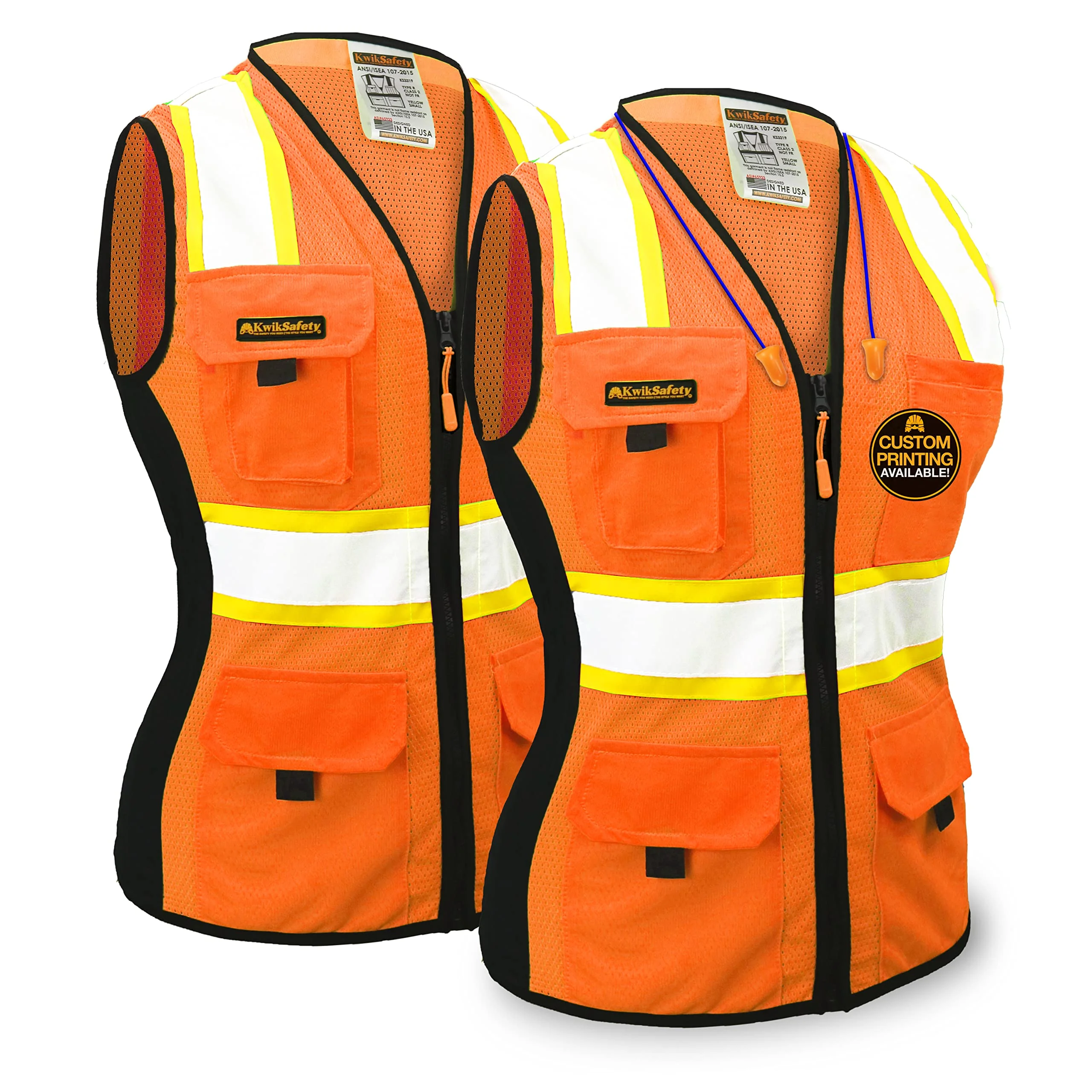KwikSafety (Charlotte, NC) FIRST LADY | 2 PACK | Safety Vest for Women (Solid REFLECTIVE TAPE) 9 Pockets Premium Class 2 Custom High Visibility ANSI OSHA Fitted Work with Zipper | Orange Small