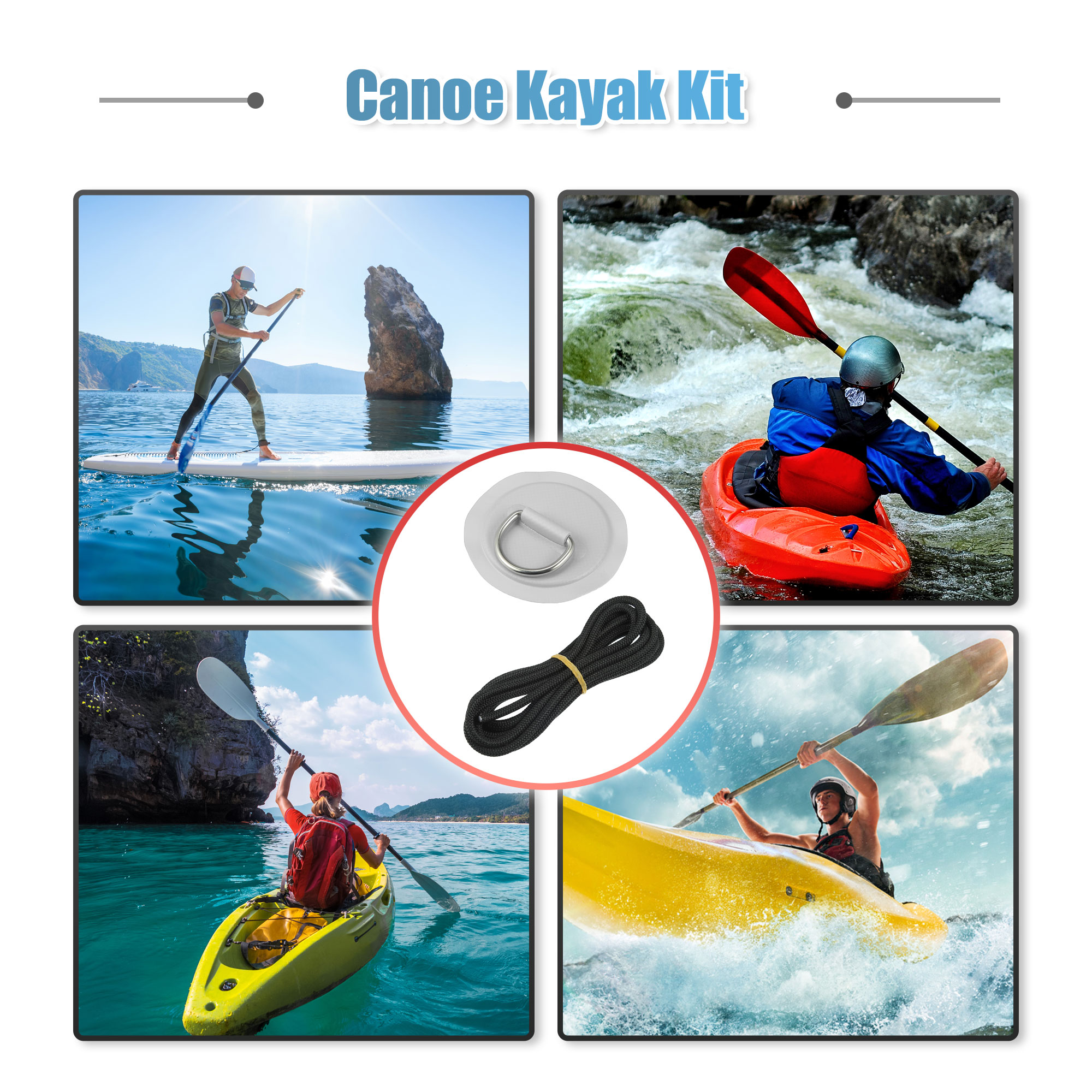 Unique Bargains 7pcs 11.81Ft 6mm Shock Cord Elastic Deck Rigging Kit with 6 D Ring Patch for Boat Kayak Accessories Grey