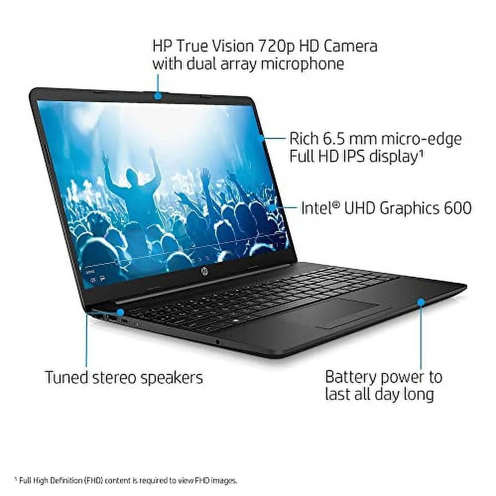 HP Laptop, 15.6/'' HD Screen, Intel Pentium Silver N5030 4 Cores Processor, 8GB Memory, 256GB SSD, 1-Year Office 365, Webcam, USB-C, HDMI, Wi-Fi, SD Card Reader, Windows OS, Black, JVQ MP (15T)