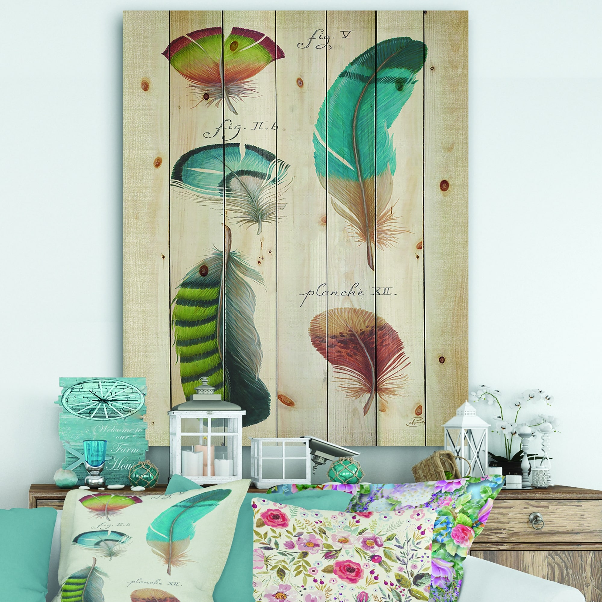 DESIGN ART Designart 'Feathers Cottage Family III' Cabin & Lodge Print on Natural Pine Wood - Multi-color 30 in. wide x 40 in. high