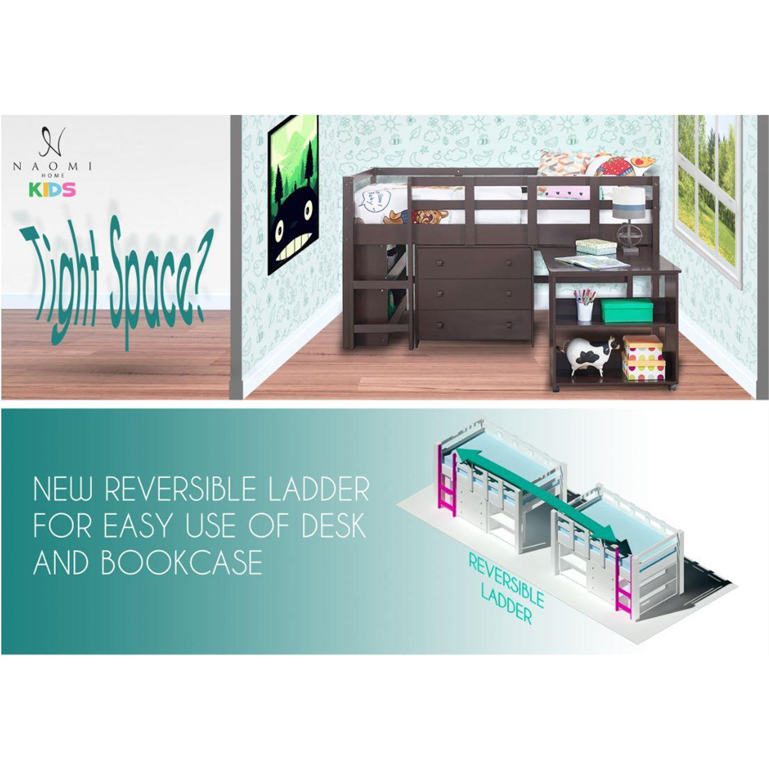 Loft Bed with Desk, Loft Bed Twin, Twin Loft Bed, Kids Loft Bed, Low Loft Bed, Toddler Loft Bed by Naomi Home Twin/Navy