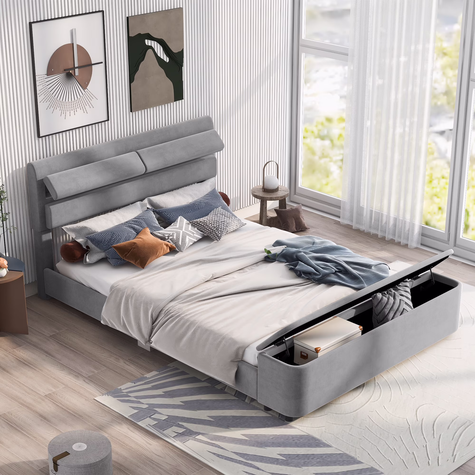 EUROCO Queen Size Upholstery Platform Bed with Storage Headboard and Footboard for Bedroom, Gray