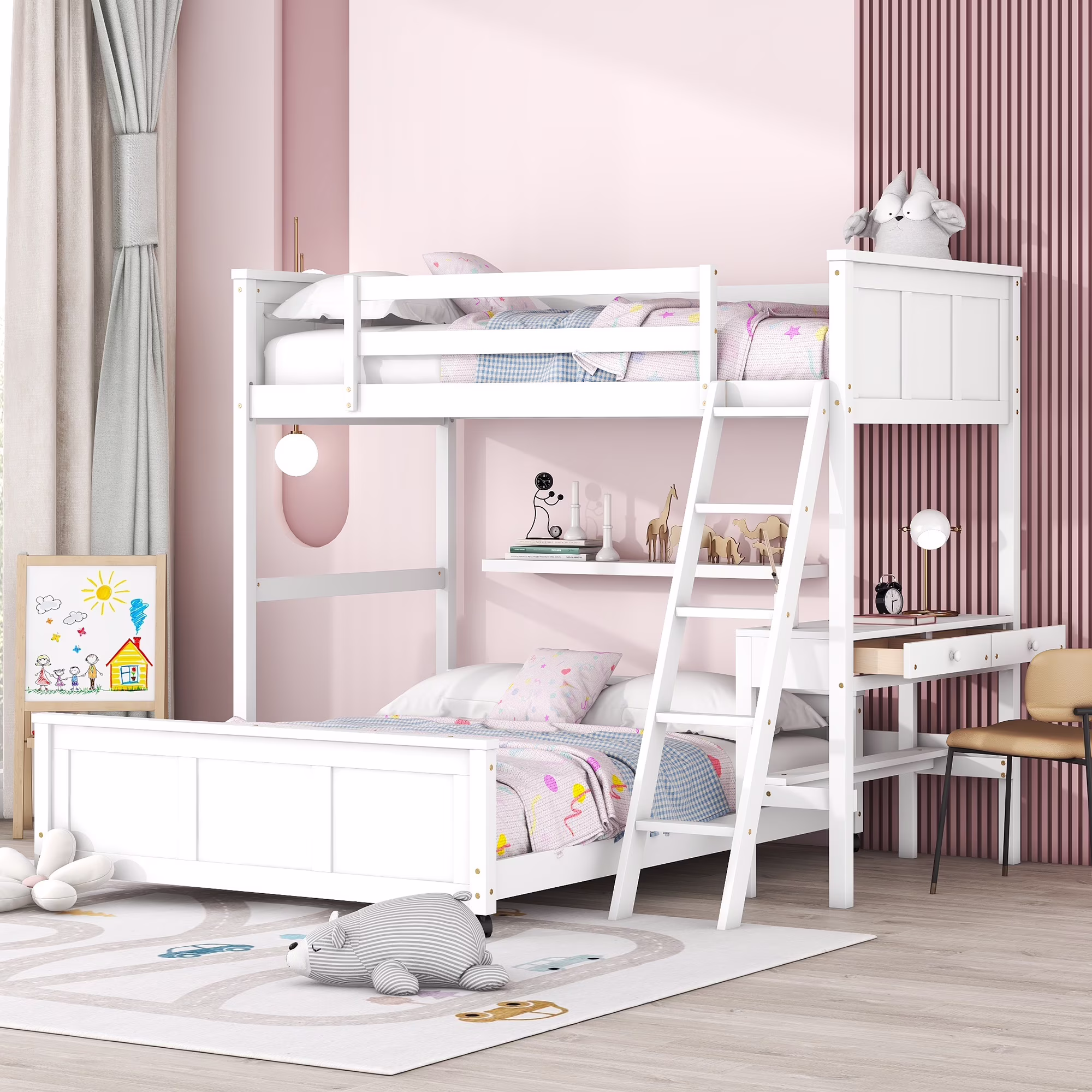 Nestfair White Twin Over Full Wood Bunk Bed with Desk and Drawers