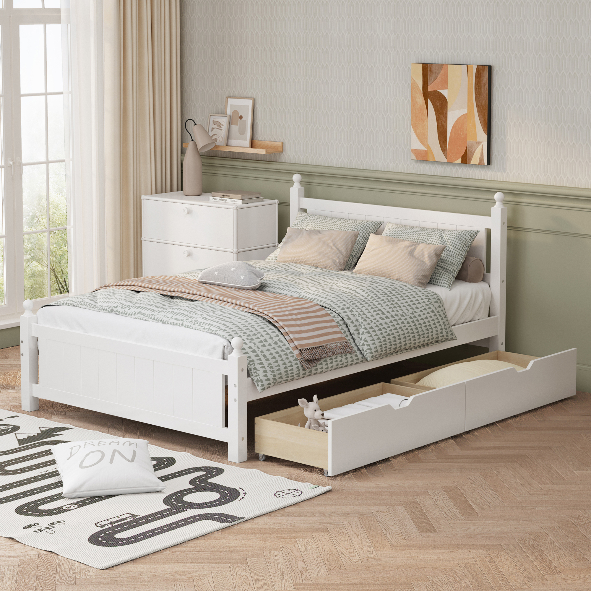 Full Size Solid Wood Platform Bed Frame with 2 Drawers - Ideal for Limited Space, Kids, Teens, Adults, White