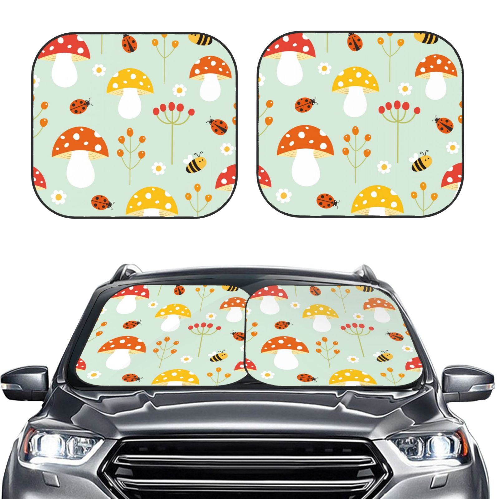 Lukts Mushroom Bee Print 2 Piece Car Sun Shade Windshield,Foldable Car Shade Front Windshield With Keeps Your Vehicle Cool, For Most Sedans Suv And Trucks - Small