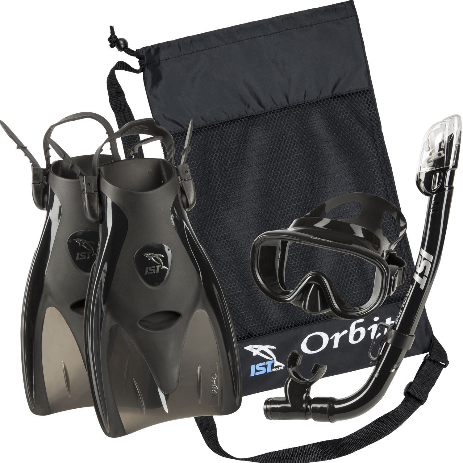 IST Orbit Snorkeling Gear Set: Tempered Glass Mask, Dry Top Snorkel & Trek Fins for Compact Travel (Black Silicone, Small)