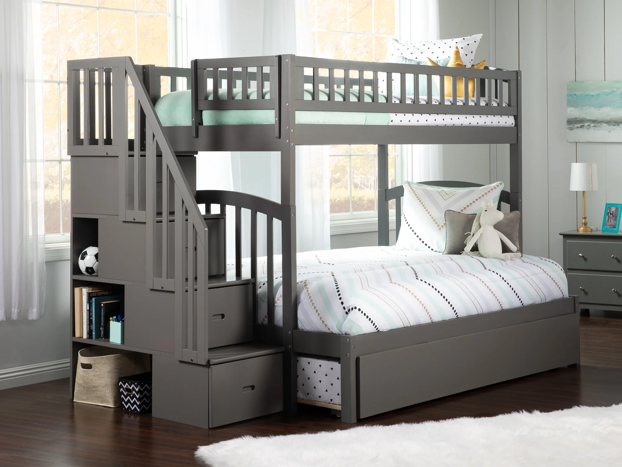 Westbrook Staircase Bunk Twin over Full with Full Size Urban Trundle Bed in Grey
