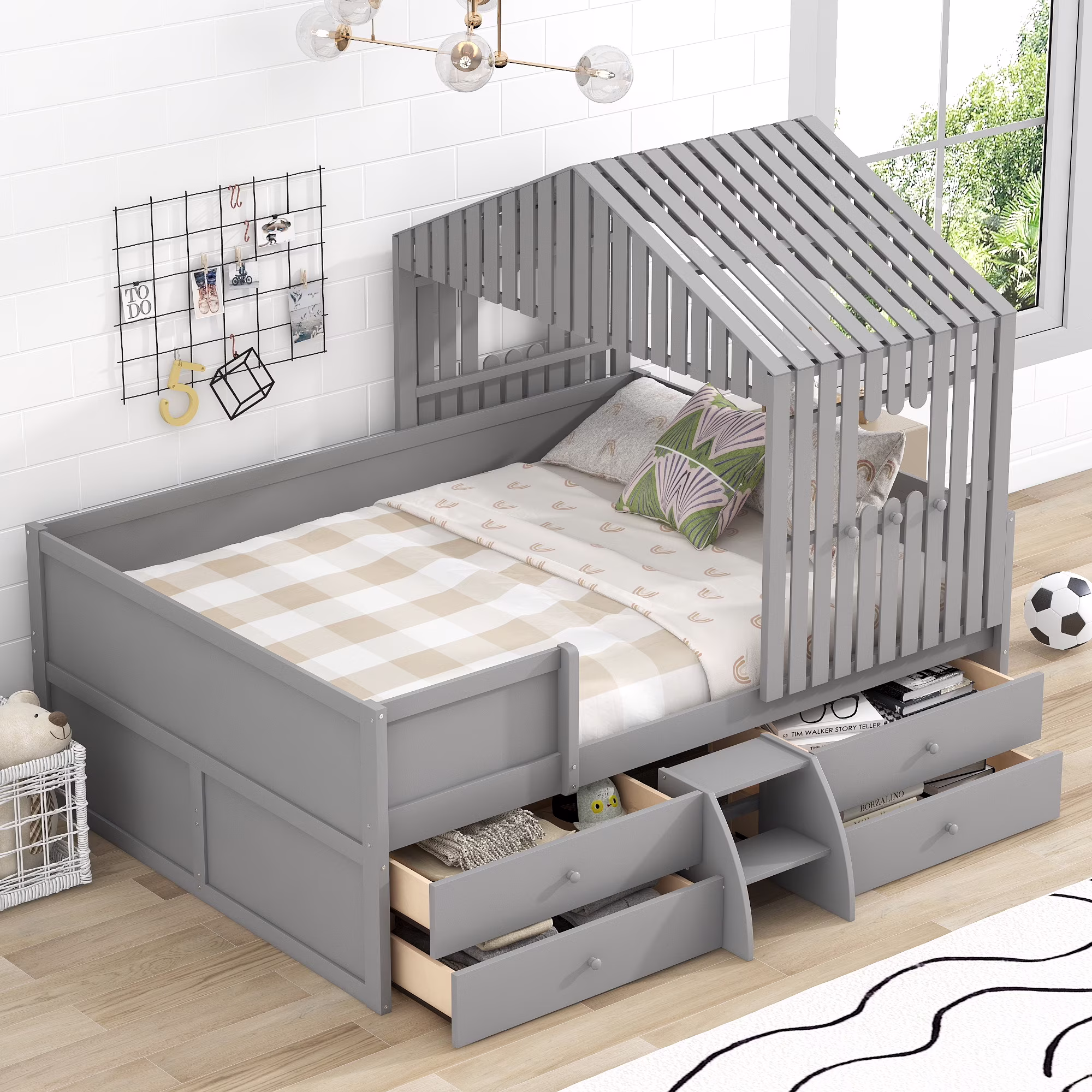 CoSoTower Full Size House Low Loft Bed with Four Drawers,Gray