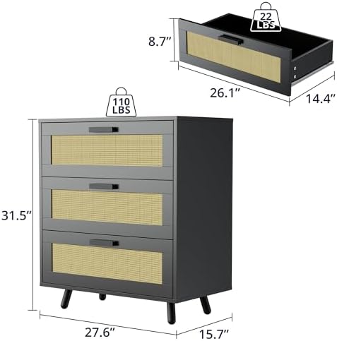 KHBIULIFE 3 Drawer Dresser  Rattan Modern Dresser Chest  Hobo Drawer Dresser  Closet Dresser Chest of Drawers  Mid-Century Modern Dresser as Nightstand  Black Dresser for Bedroom  Living