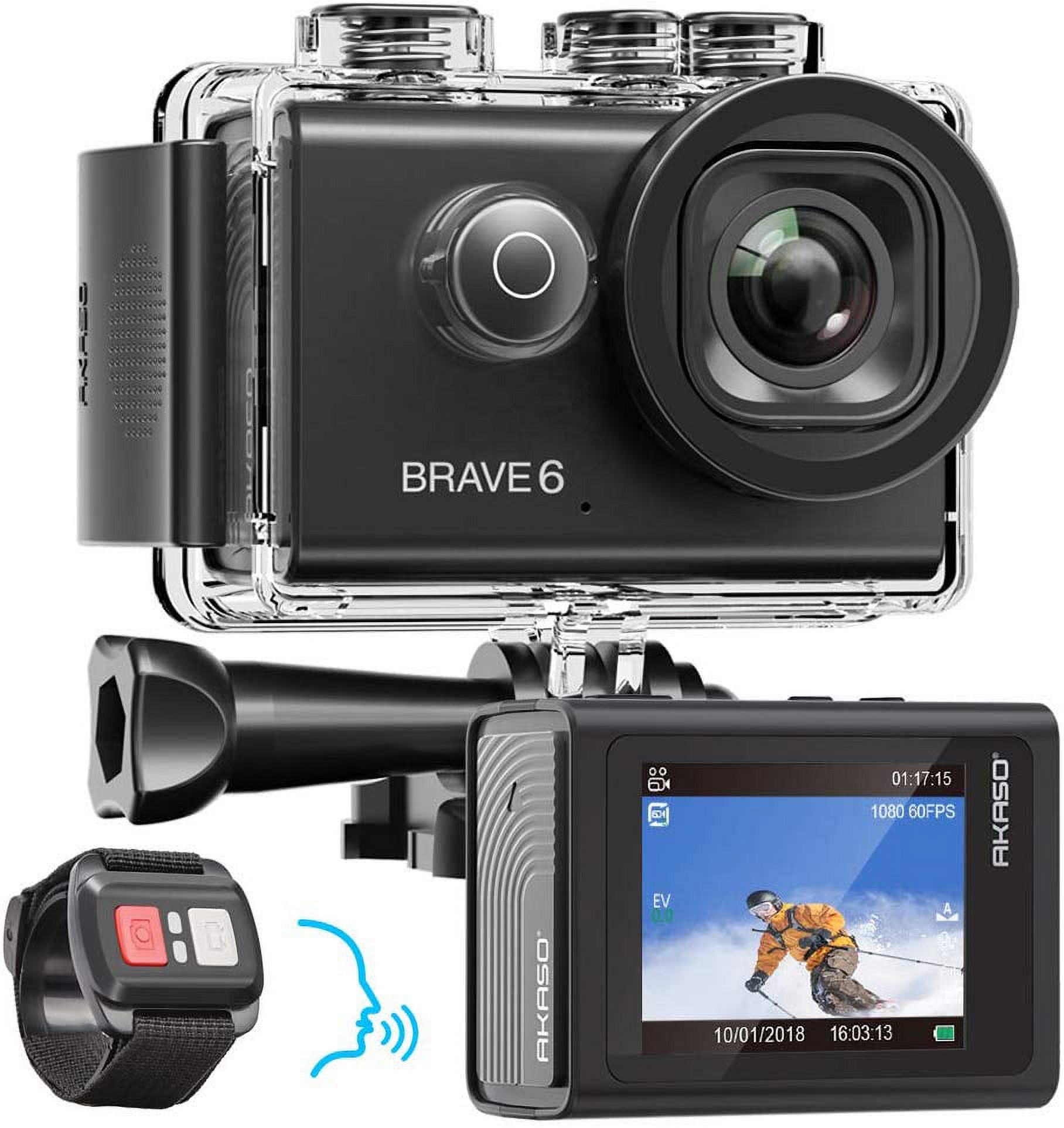 AKASO Brave 6 4K 20MP WiFi Action Camera Waterproof Sport Camcorder with Voice Control EIS 6xZoom Adjustable Viewing Angle