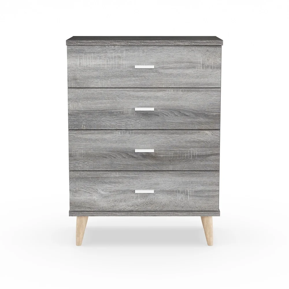 Denhour DH BASIC Mid-Century Modern Distressed Grey 4-Drawer Chest with Bar Pulls by