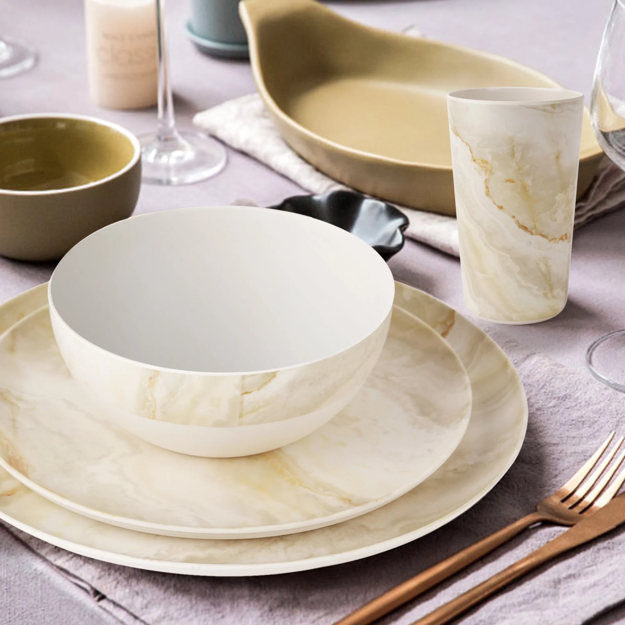 LEEJAY 12 Pcs Bamboo Melamine Dinnerware Sets ,Yellow 4 Pack