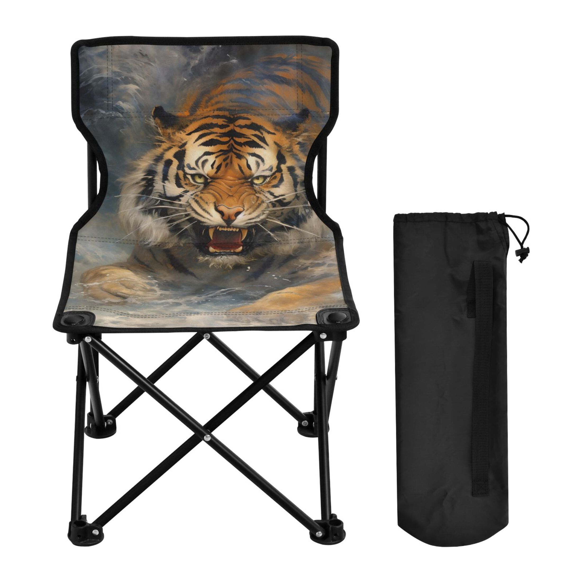 Tiger Pattern Portable Camping Chair Outdoor Folding Beach Chair Fishing Chair Lawn Chair with Carry Bag Support to 220LBS