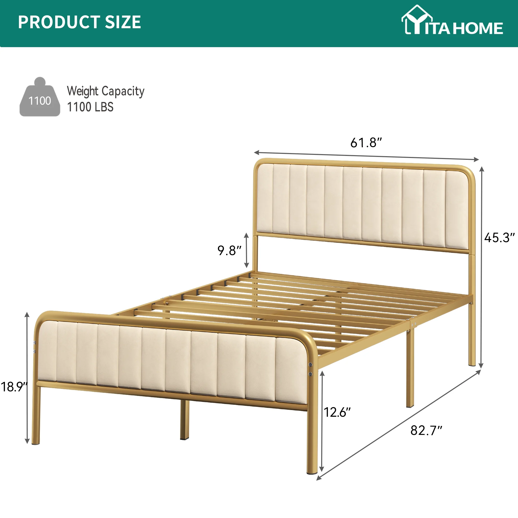 Dextrus Queen Size Bed Frame, Upholstered Bed Frame with Velvet Headboard,  No Box Spring Needed, Golden & Beige