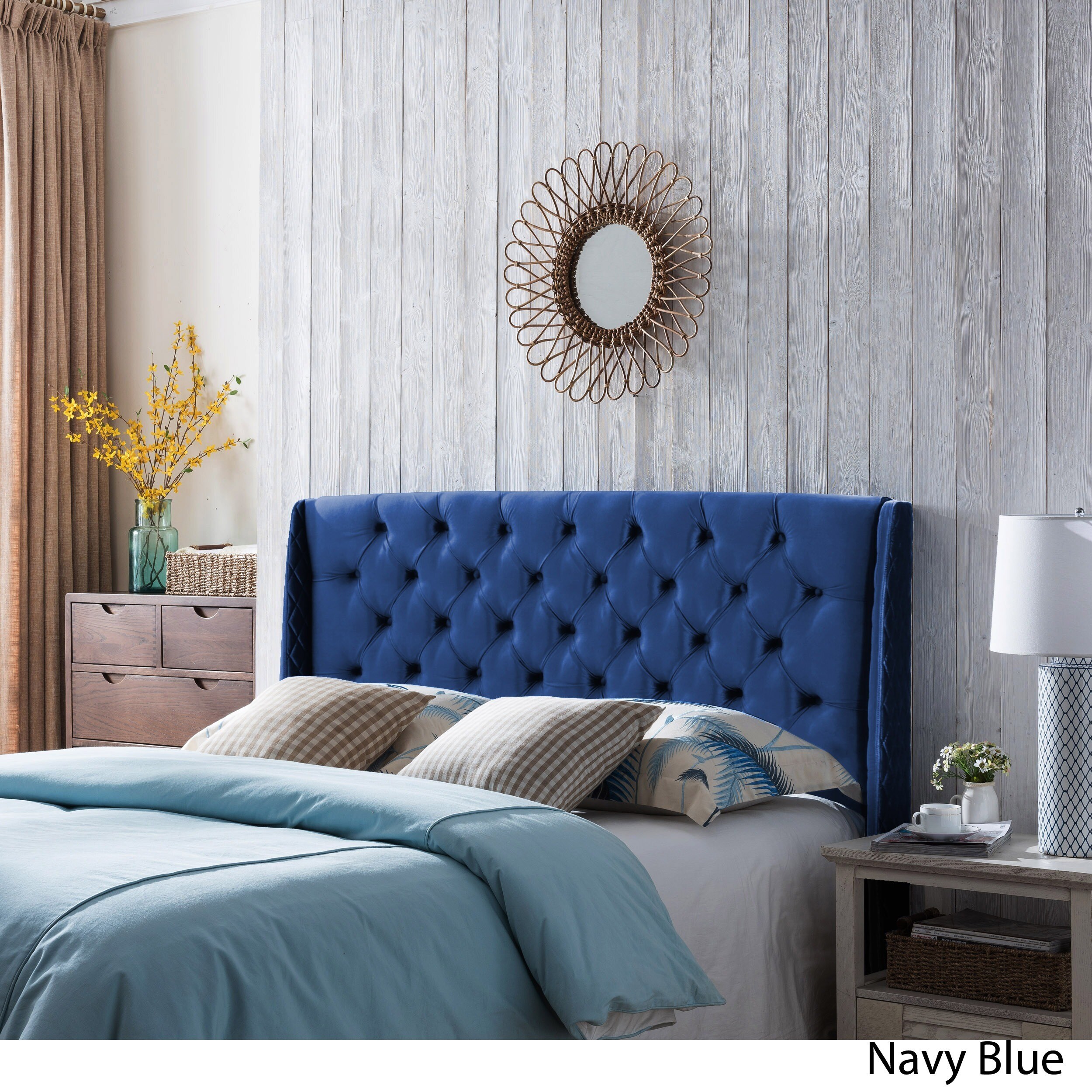 Christopher Knight Home Lidia Adjustable Wingback Queen Tufted Velvet Headboard by  Navy Blue