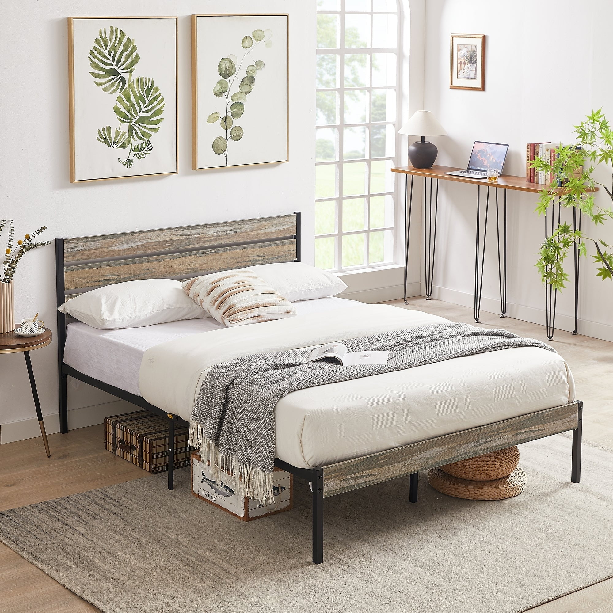 Industrial Platform Bed Frame with Wooden Headboard, Slate Queen