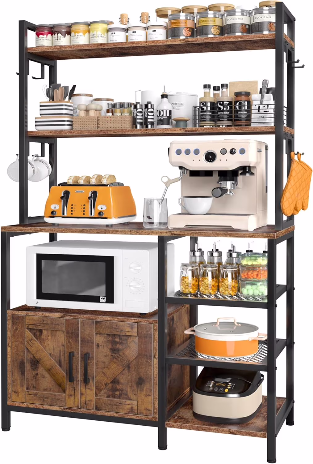 Bakers Rack 6 Tier Coffee Bar with Cabinet and 8 Side Hooks, Bakers Racks for Kitchens with Storage, Large Capacity Microwave Stand for Kitchen Storage Rack