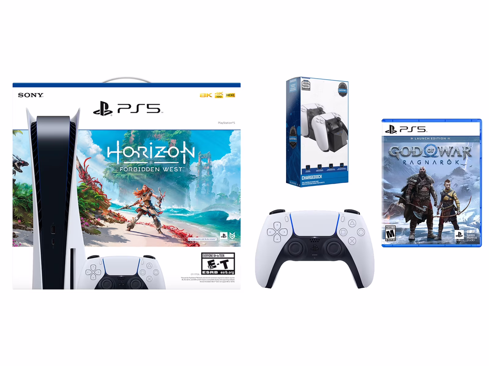 Sony Playstation 5 Disc Horizon Forbidden West with God of War Ragnarök Launch Edition, Extra Controller and Dual Charge Dock Bundle - Glacier White