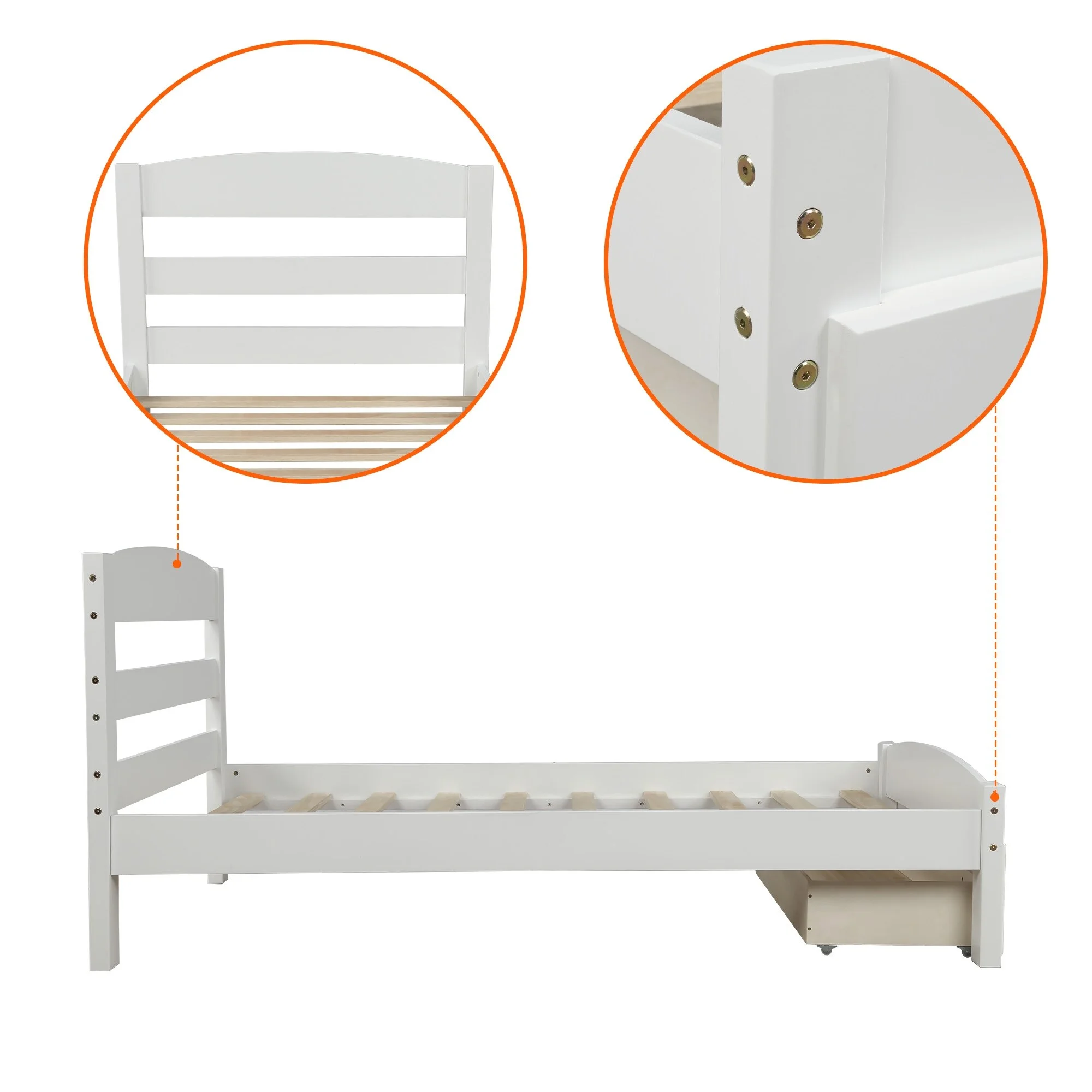 Tatayosi Platform Twin Bed Frame with Storage Drawer and Wood Slat Support White