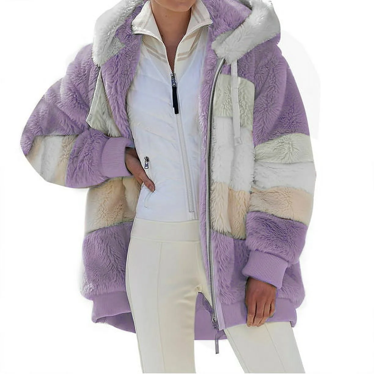Women Fall Winter Warm Plush Hooded Coat Contrast Color Long Sleeve Zip Up Thick Cardigan Jacket