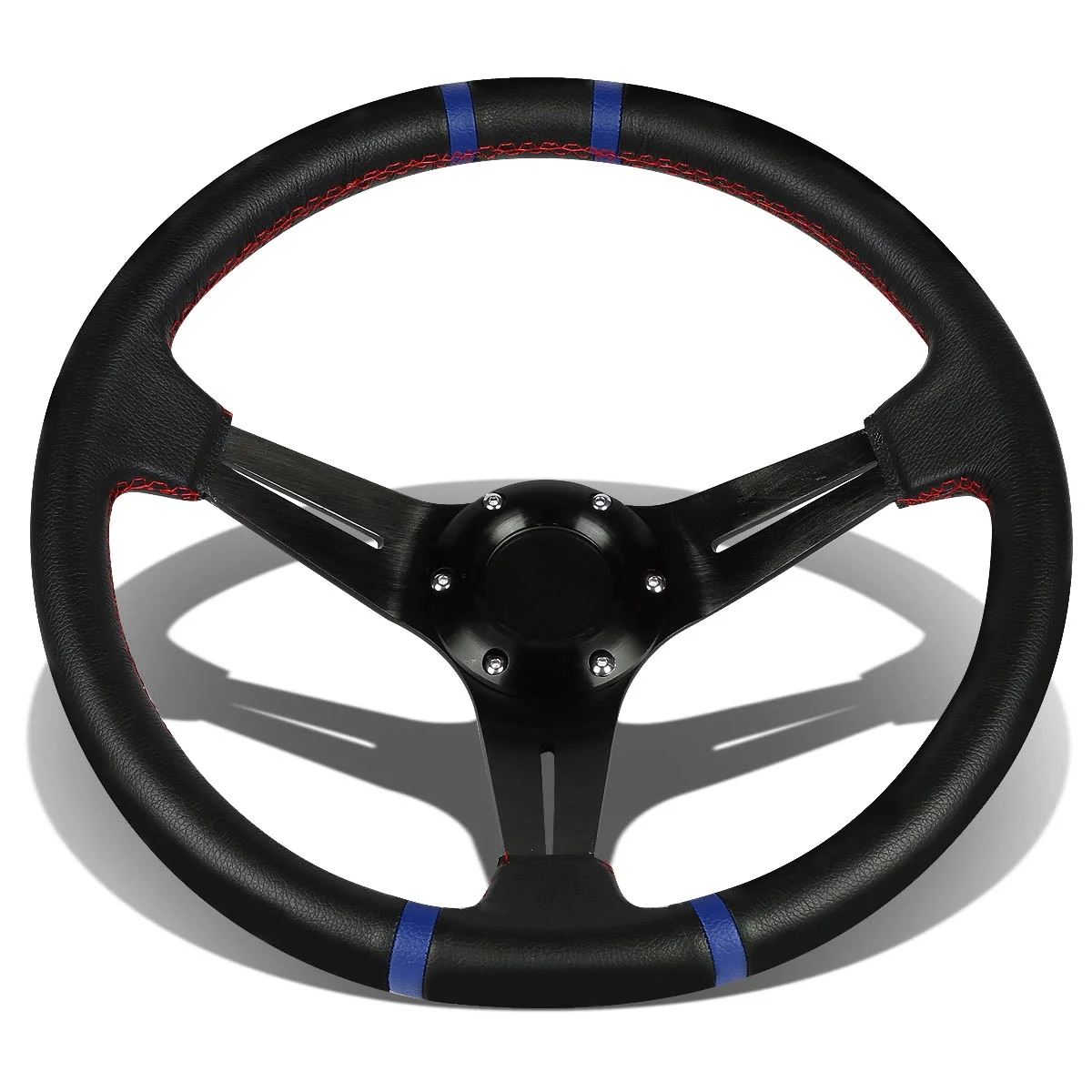 DNA Motoring SW-T410-BL 350mm Deep Dish Style 6-Bolt 3-Spoke Red Stitched Black PVC Leather with Blue Stripe Racing Steering Wheel