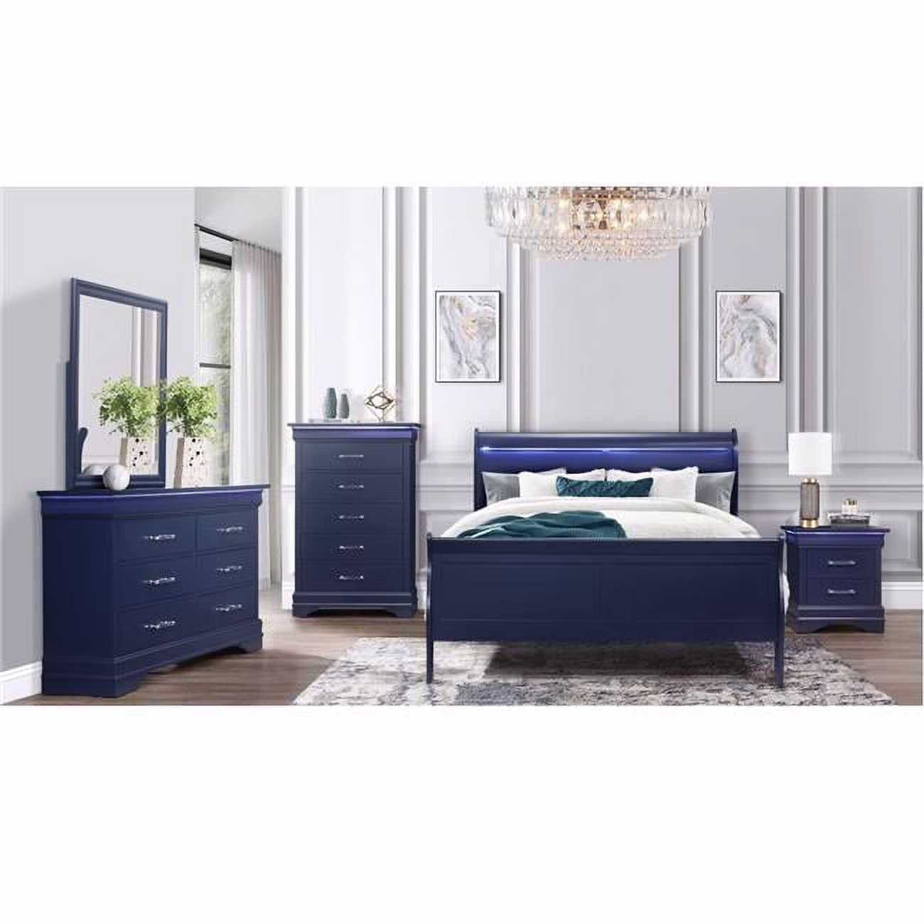 Charlie Blue King Size Bed Group with LED