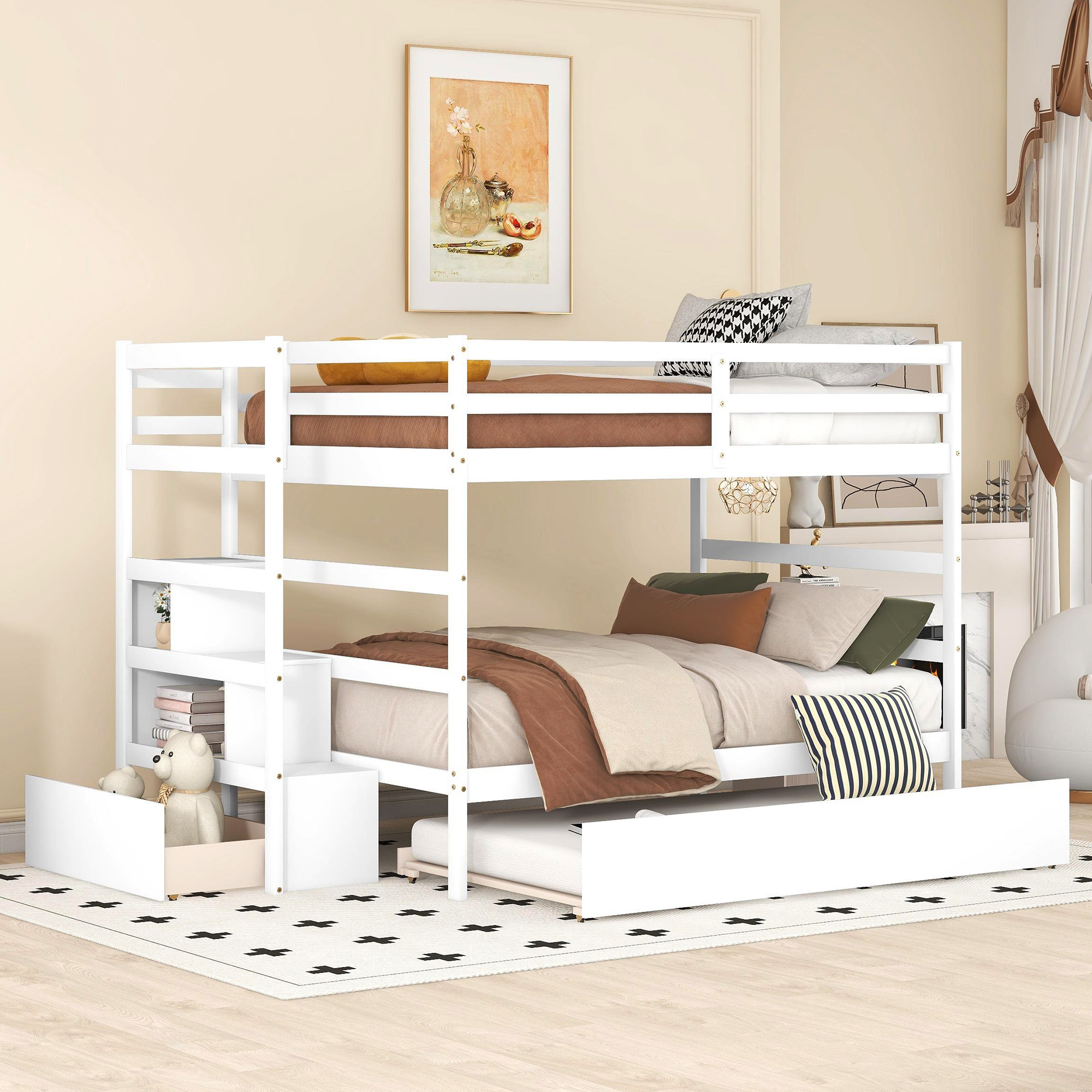 Bellemave Wood Full over Full Bunk Bed with Twin Size Trundle and Storage Stairway for Kids, Teens, Adult, Three Beds Bunk Bed for 3 (White)