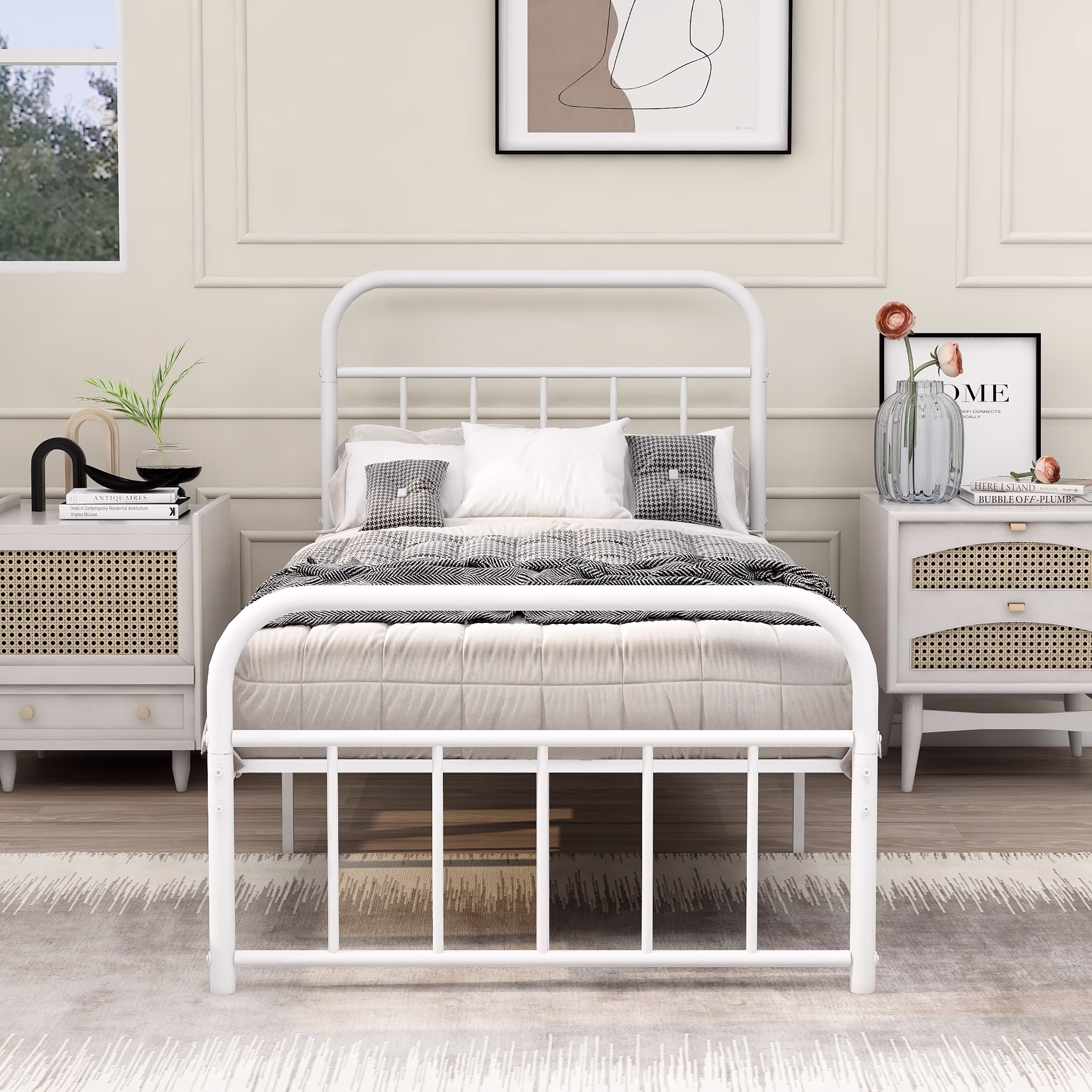 AUFANK Twin Size Heavy Duty Metal Platform Bed Frame, Headboard and Footboard, White