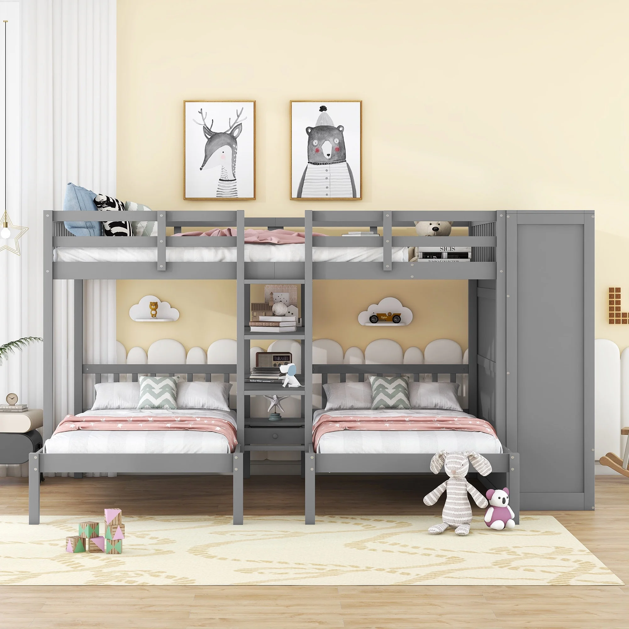 CoSoTower Full-Over-Twin-Twin Bunk Bed with Shelves, Wardrobe and Mirror, Gray