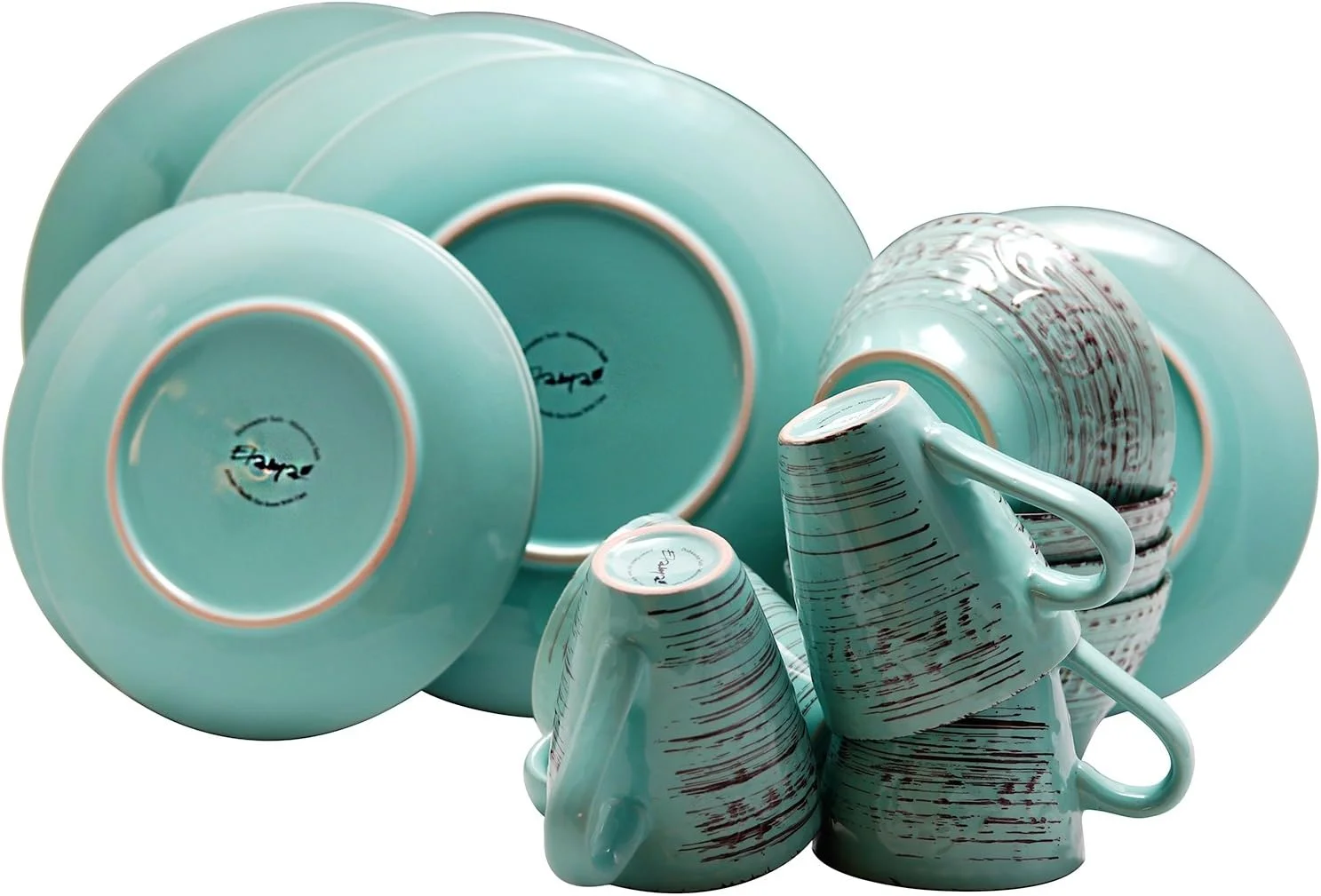 Embossed Stoneware Ocean Dinnerware Dish Set, 16 Piece, Turquoise
